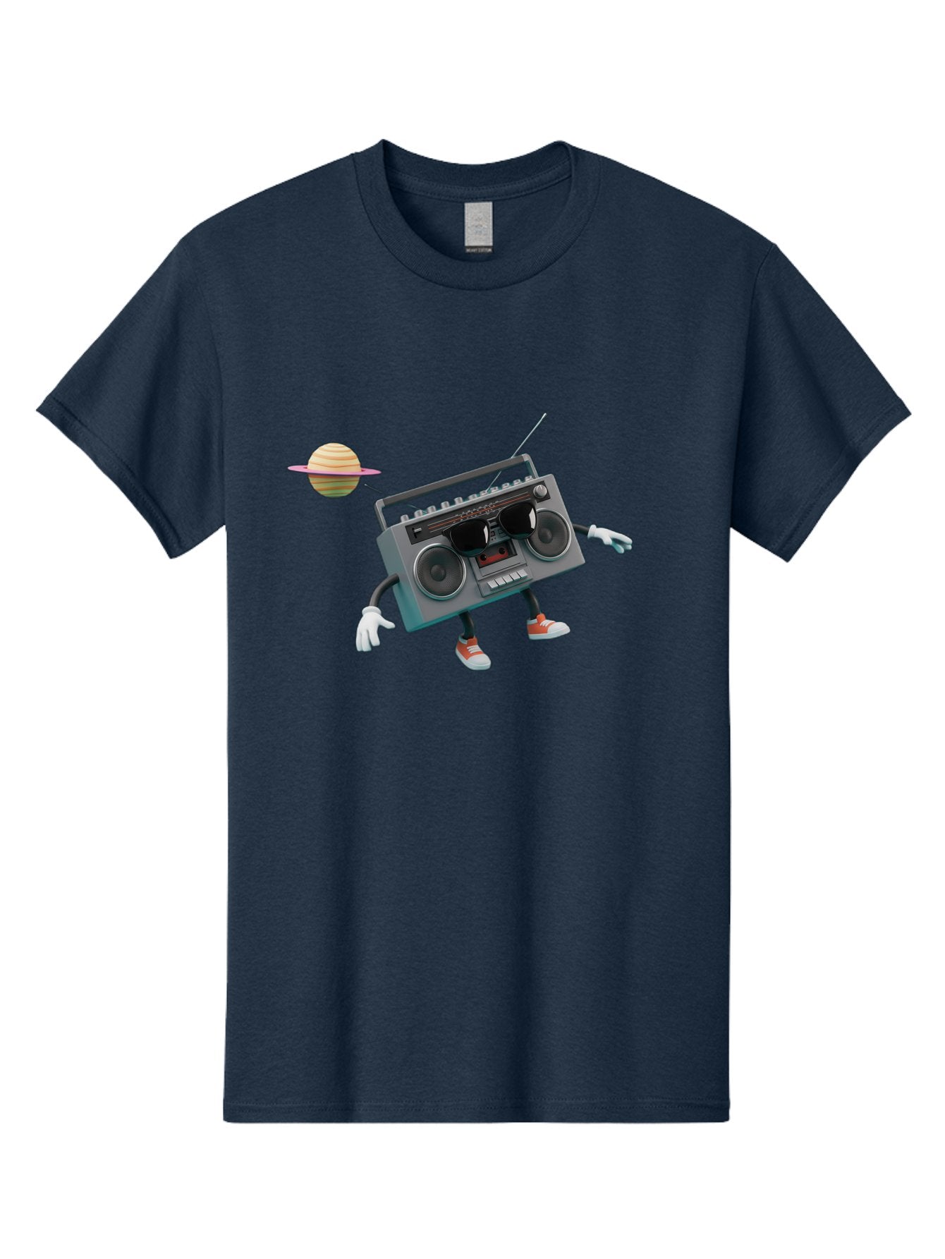 Boombox-5 Men'S Graphic Tee, 100% Cotton, Comfortable Casual Summer Wear, Machine Washable, Retro Boombox, Cartoon Character, Satellite Planet, Orange Sneakers, White Gloves, Gray Device, Cassette Player, Futuristic Accessories, Space Theme, Baa186 13