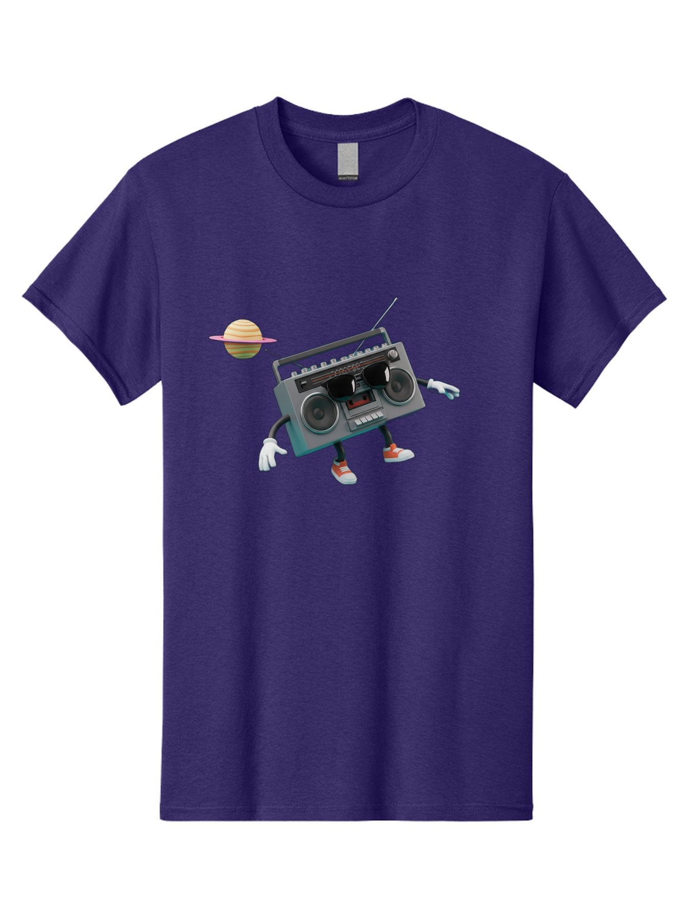Boombox-5 Men'S Graphic Tee, 100% Cotton, Comfortable Casual Summer Wear, Machine Washable, Retro Boombox, Cartoon Character, Satellite Planet, Orange Sneakers, White Gloves, Gray Device, Cassette Player, Futuristic Accessories, Space Theme, Baa186 9