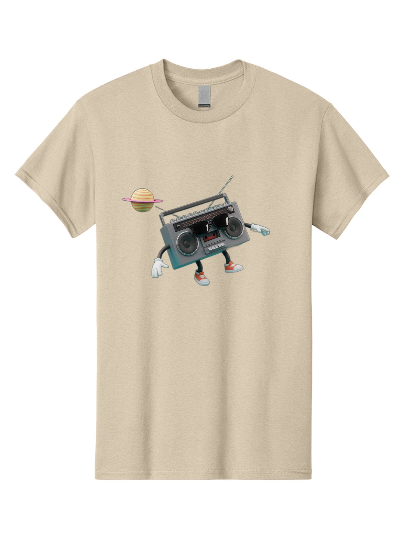 Boombox-5 Men'S Graphic Tee, 100% Cotton, Comfortable Casual Summer Wear, Machine Washable, Retro Boombox, Cartoon Character, Satellite Planet, Orange Sneakers, White Gloves, Gray Device, Cassette Player, Futuristic Accessories, Space Theme, Baa186 5