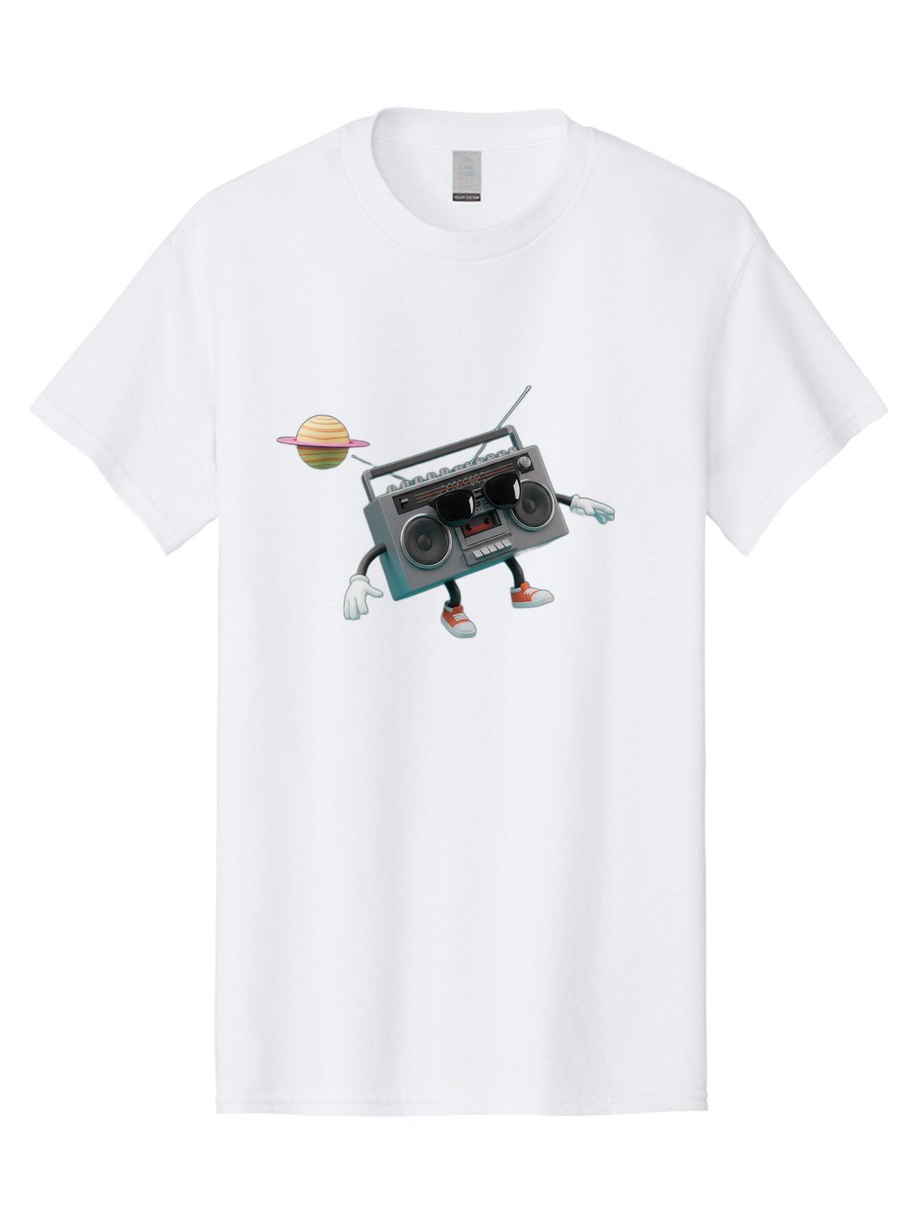 Boombox-5 Men'S Graphic Tee, 100% Cotton, Comfortable Casual Summer Wear, Machine Washable, Retro Boombox, Cartoon Character, Satellite Planet, Orange Sneakers, White Gloves, Gray Device, Cassette Player, Futuristic Accessories, Space Theme, Baa186 8