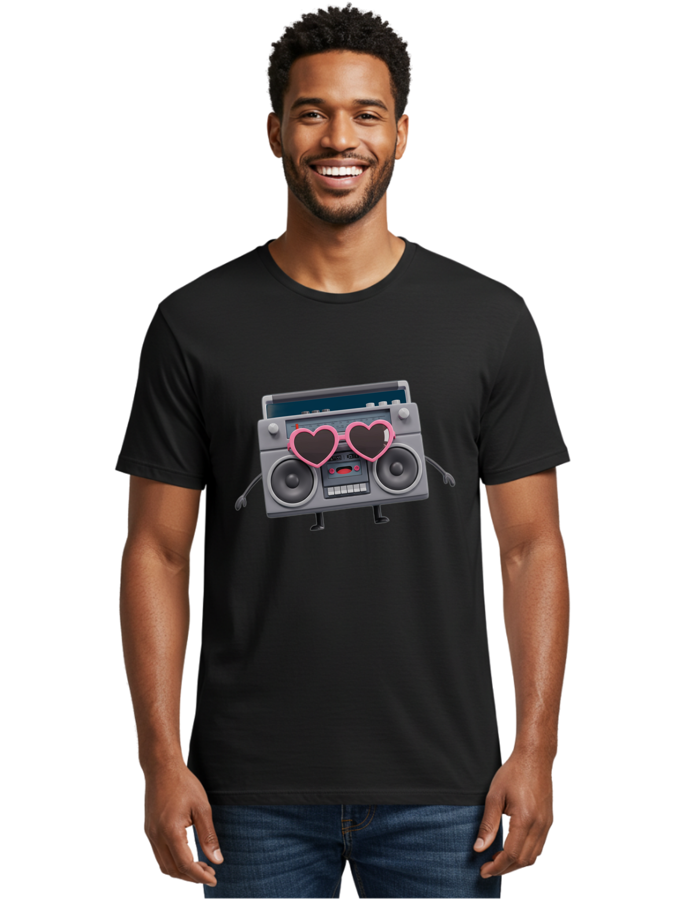 Boombox-Character-1 Men'S Graphic Tee, 100% Cotton, Comfortable Casual Summer Wear, Machine Washable, Cartoon Boombox, Retro Audio Equipment, Heart-Shaped Sunglasses, Funky Character Design, Anthropomorphic Boombox, Nostalgic Music Player, Baa188 4