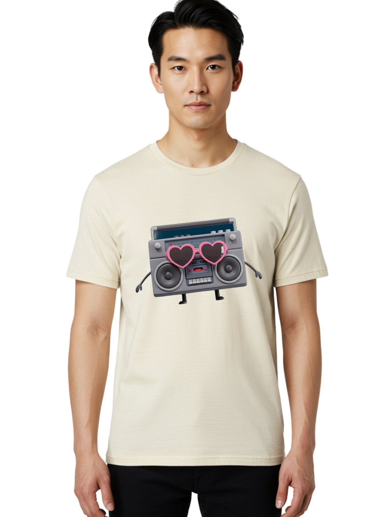 Boombox-Character-1 Men'S Graphic Tee, 100% Cotton, Comfortable Casual Summer Wear, Machine Washable, Cartoon Boombox, Retro Audio Equipment, Heart-Shaped Sunglasses, Funky Character Design, Anthropomorphic Boombox, Nostalgic Music Player, Baa188 22