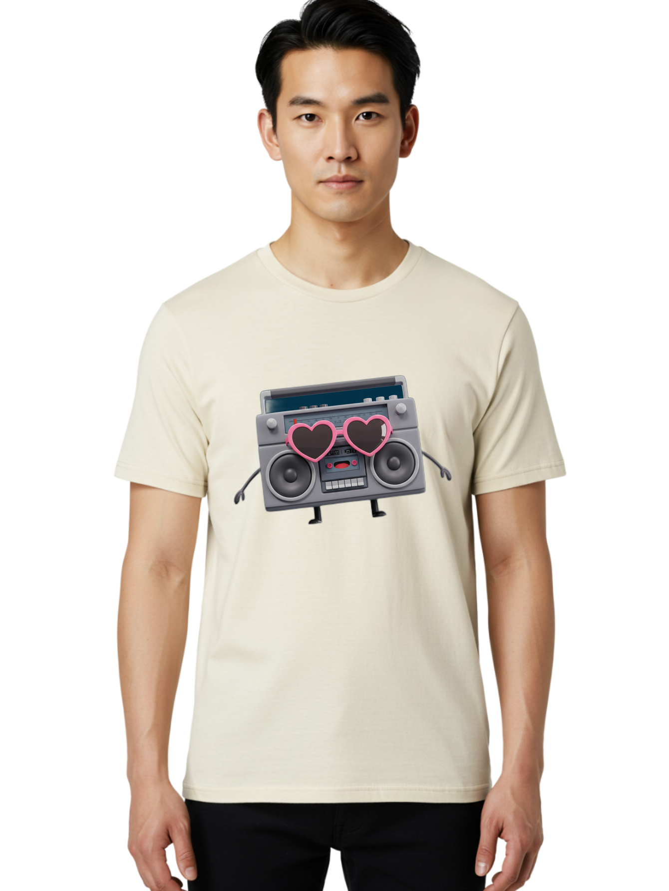 Boombox-Character-1 Men'S Graphic Tee, 100% Cotton, Comfortable Casual Summer Wear, Machine Washable, Cartoon Boombox, Retro Audio Equipment, Heart-Shaped Sunglasses, Funky Character Design, Anthropomorphic Boombox, Nostalgic Music Player, Baa188 18