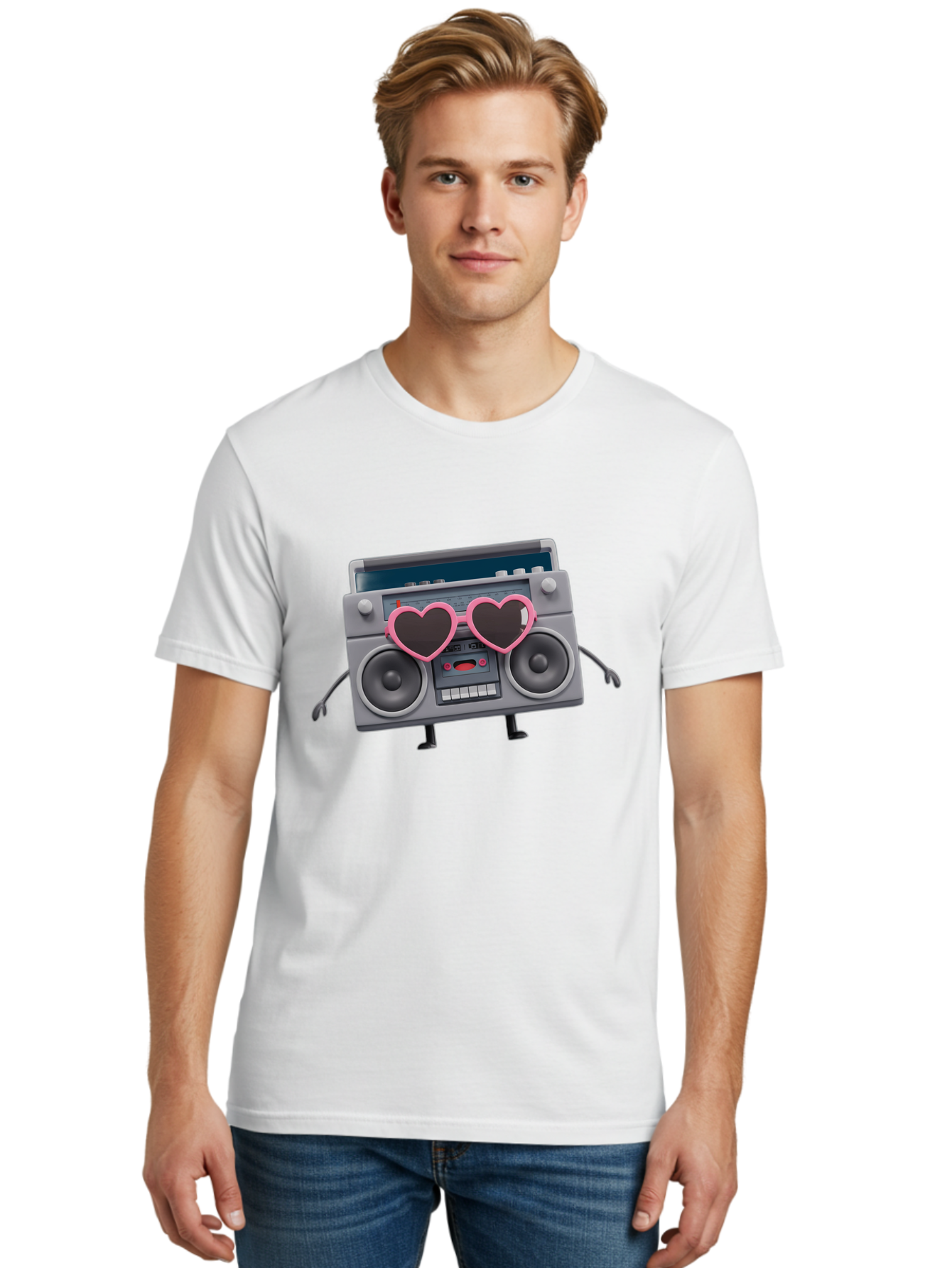 Boombox-Character-1 Men'S Graphic Tee, 100% Cotton, Comfortable Casual Summer Wear, Machine Washable, Cartoon Boombox, Retro Audio Equipment, Heart-Shaped Sunglasses, Funky Character Design, Anthropomorphic Boombox, Nostalgic Music Player, Baa188 30