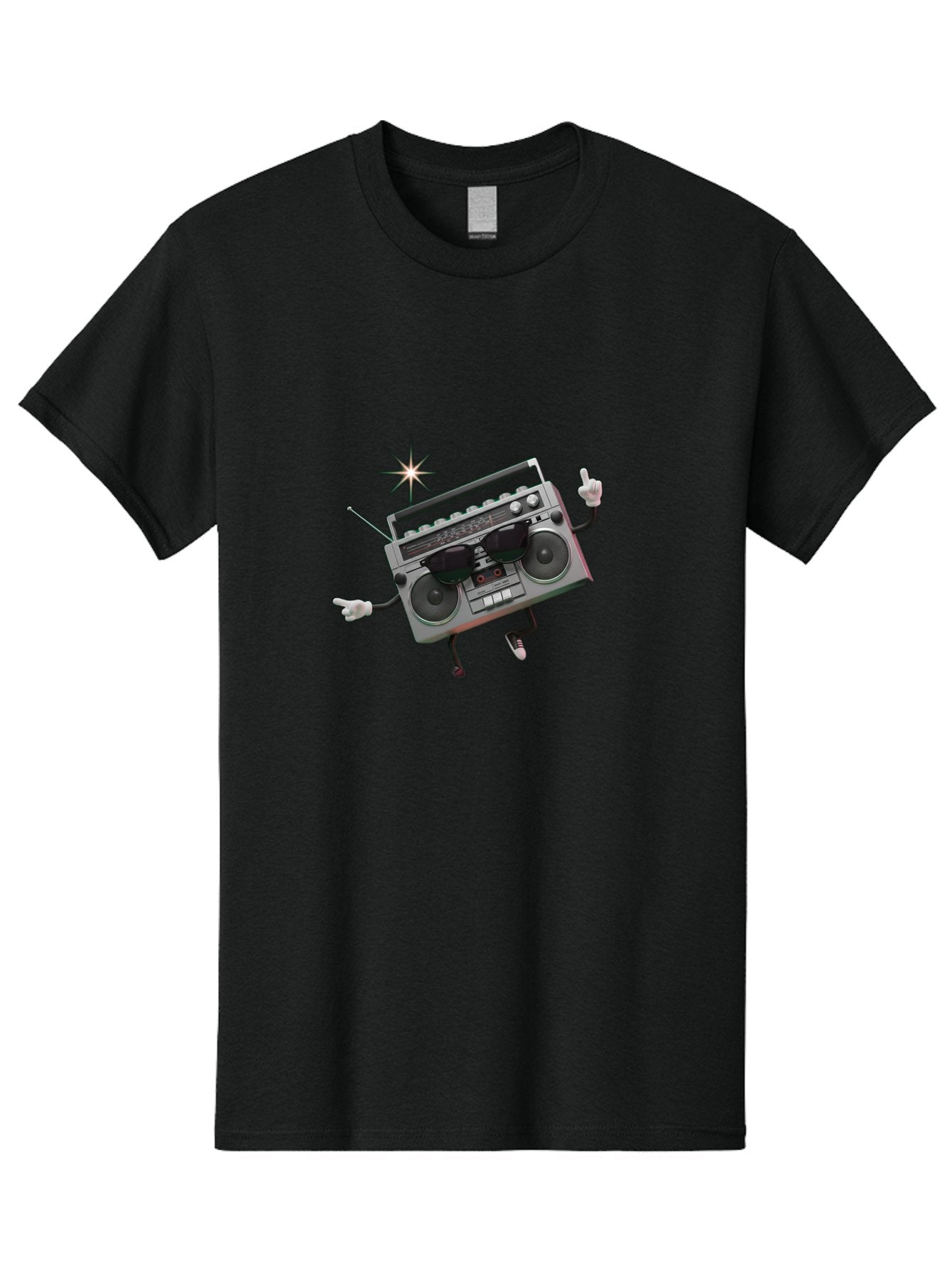 Boombox-Character-3 Men'S Graphic Tee, 100% Cotton, Comfortable Casual Summer Wear, Machine Washable, Cartoon Boombox, Retro Technology, Vintage Music, Nostalgic Vibes, Funky Character, Thumbs Up, Starburst Effect, Playful Design, Baa190 9