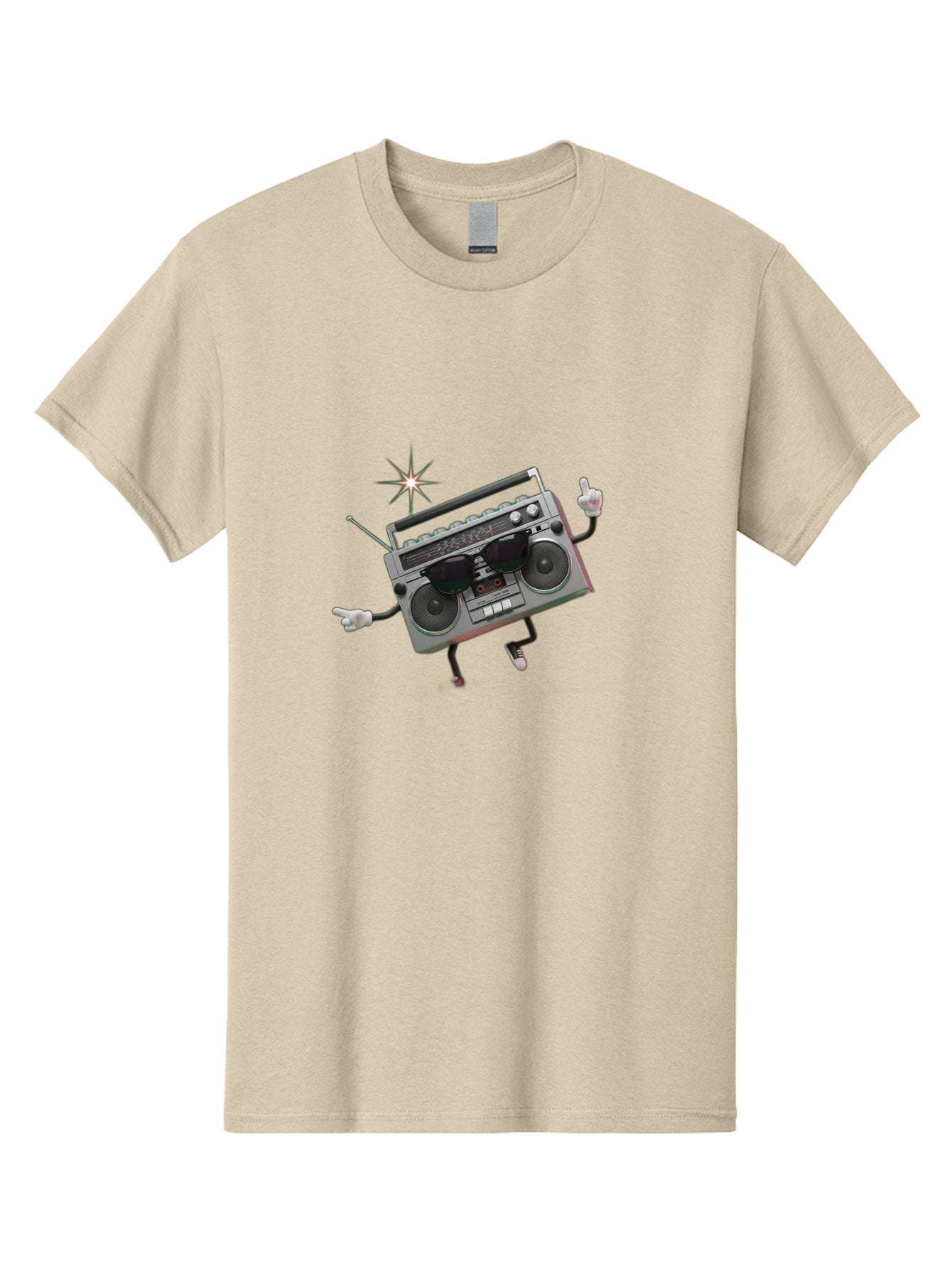 Boombox-Character-3 Men'S Graphic Tee, 100% Cotton, Comfortable Casual Summer Wear, Machine Washable, Cartoon Boombox, Retro Technology, Vintage Music, Nostalgic Vibes, Funky Character, Thumbs Up, Starburst Effect, Playful Design, Baa190 11