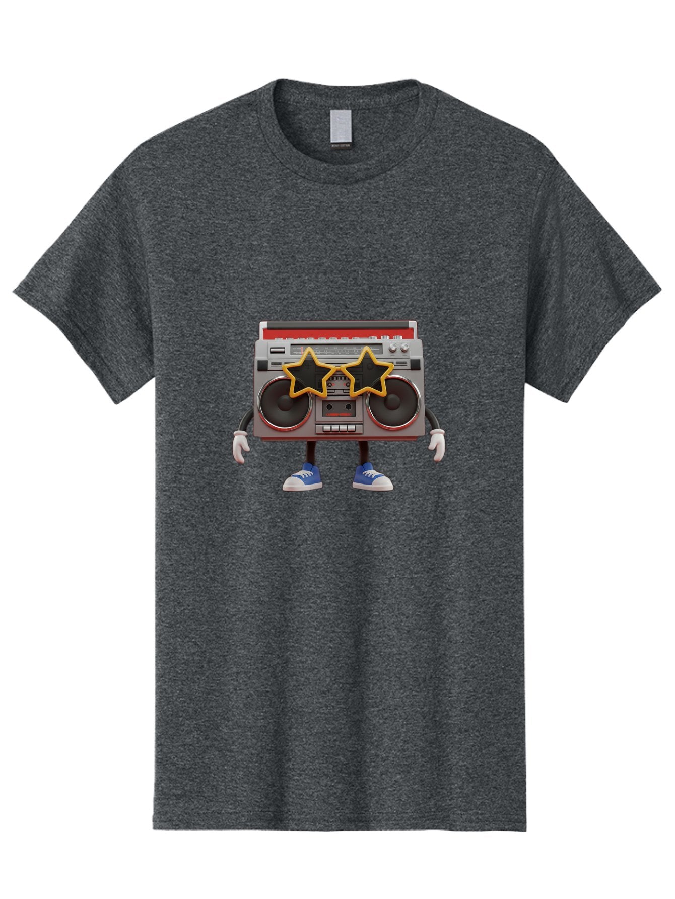 Boombox-Character Men'S Graphic Tee, 100% Cotton, Comfortable Casual Summer Wear, Machine Washable, Cartoon Boombox, Anthropomorphic Design, Retro Music Player, Black Stars, Blue Sneakers, White Gloves, Nostalgic Vibe, Funky Character, Baa191 4