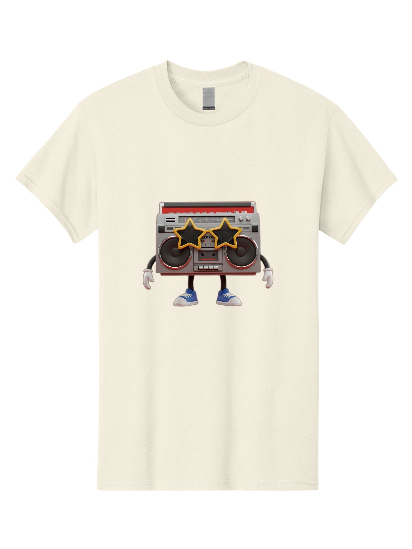 Boombox-Character Men'S Graphic Tee, 100% Cotton, Comfortable Casual Summer Wear, Machine Washable, Cartoon Boombox, Anthropomorphic Design, Retro Music Player, Black Stars, Blue Sneakers, White Gloves, Nostalgic Vibe, Funky Character, Baa191 7