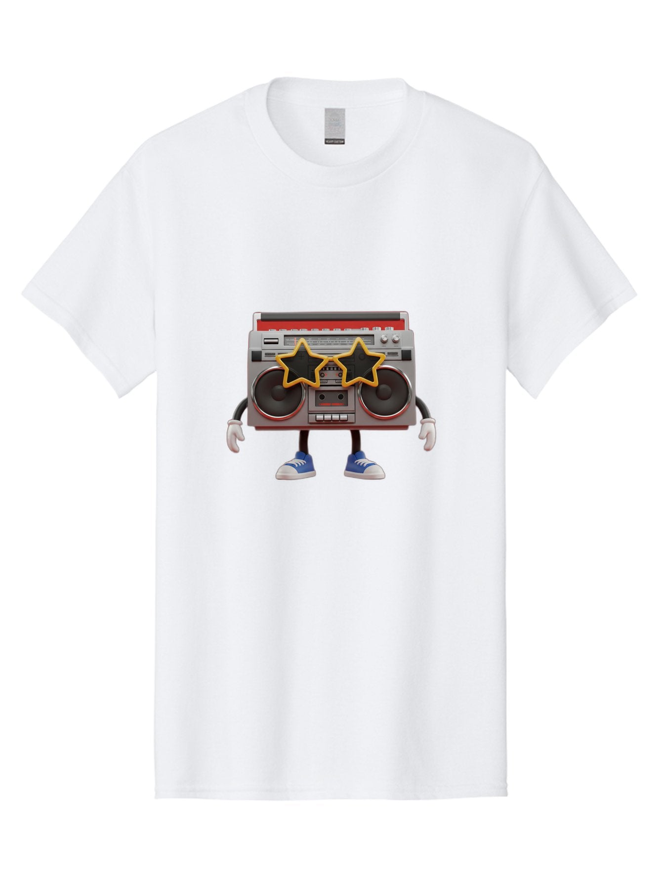 Boombox-Character Men'S Graphic Tee, 100% Cotton, Comfortable Casual Summer Wear, Machine Washable, Cartoon Boombox, Anthropomorphic Design, Retro Music Player, Black Stars, Blue Sneakers, White Gloves, Nostalgic Vibe, Funky Character, Baa191 10