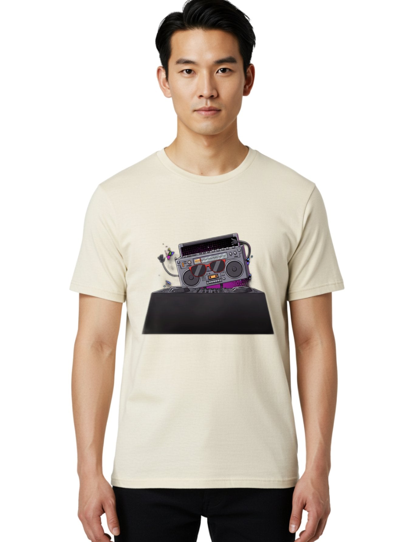 Boombox-Dj-Setup Men'S Graphic Tee, 100% Cotton, Comfortable Casual Summer Wear, Machine Washable, Retro Boombox, Dj Equipment, Music Setup, Vinyl Records, Turntables, Earbuds, Nostalgic Vibes, Electronic Music, Disco Era, Cassette Player Baa192 17
