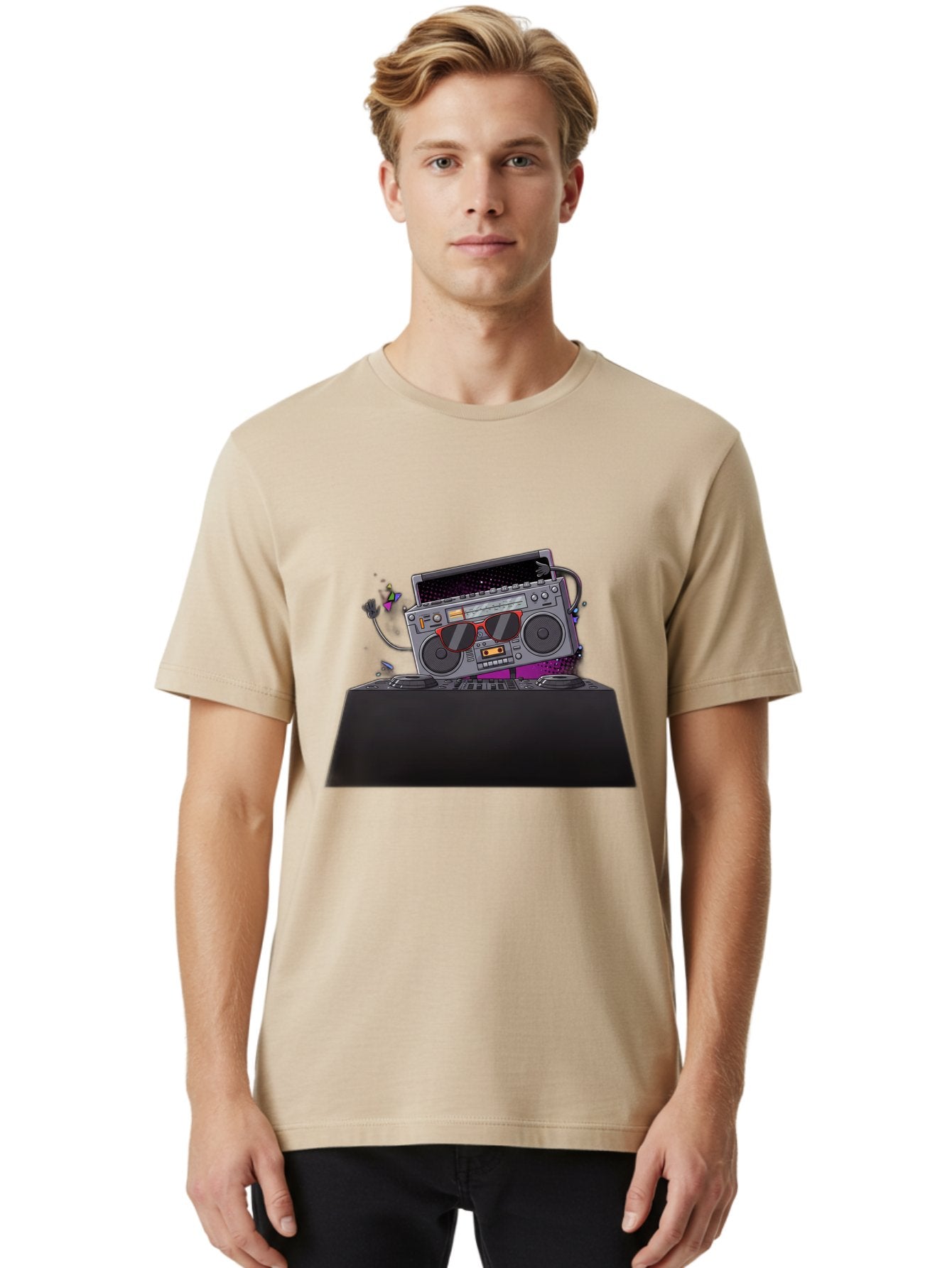 Boombox-Dj-Setup Men'S Graphic Tee, 100% Cotton, Comfortable Casual Summer Wear, Machine Washable, Retro Boombox, Dj Equipment, Music Setup, Vinyl Records, Turntables, Earbuds, Nostalgic Vibes, Electronic Music, Disco Era, Cassette Player Baa192 25