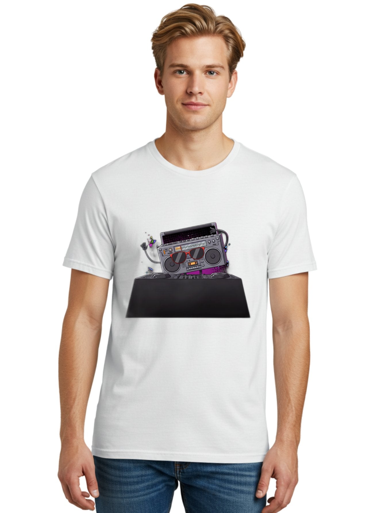 Boombox-Dj-Setup Men'S Graphic Tee, 100% Cotton, Comfortable Casual Summer Wear, Machine Washable, Retro Boombox, Dj Equipment, Music Setup, Vinyl Records, Turntables, Earbuds, Nostalgic Vibes, Electronic Music, Disco Era, Cassette Player Baa192 23