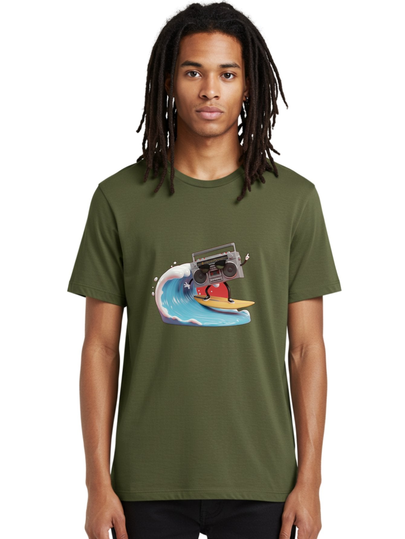 Boombox-Surfing-Wave Men'S Graphic Tee, 100% Cotton, Comfortable Casual Summer Wear, Machine Washable, Boomer Boombox Surfing, Retro Boombox, Surfing Wave, Beach Vibes, Retro Radio, Fun Summer Activity, Cool Surfboard, Radical Wave, Baa194 20
