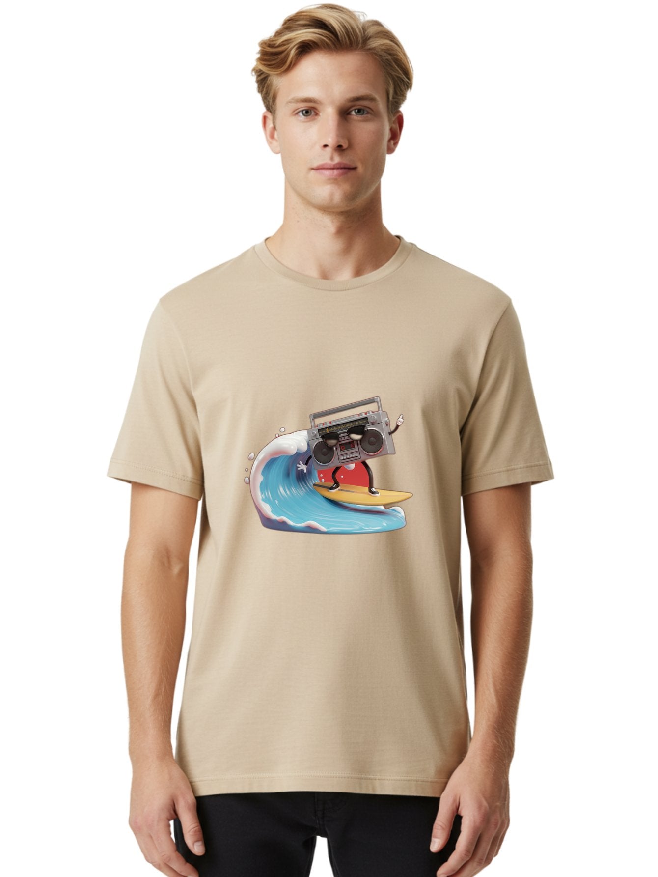 Boombox-Surfing-Wave Men'S Graphic Tee, 100% Cotton, Comfortable Casual Summer Wear, Machine Washable, Boomer Boombox Surfing, Retro Boombox, Surfing Wave, Beach Vibes, Retro Radio, Fun Summer Activity, Cool Surfboard, Radical Wave, Baa194 22