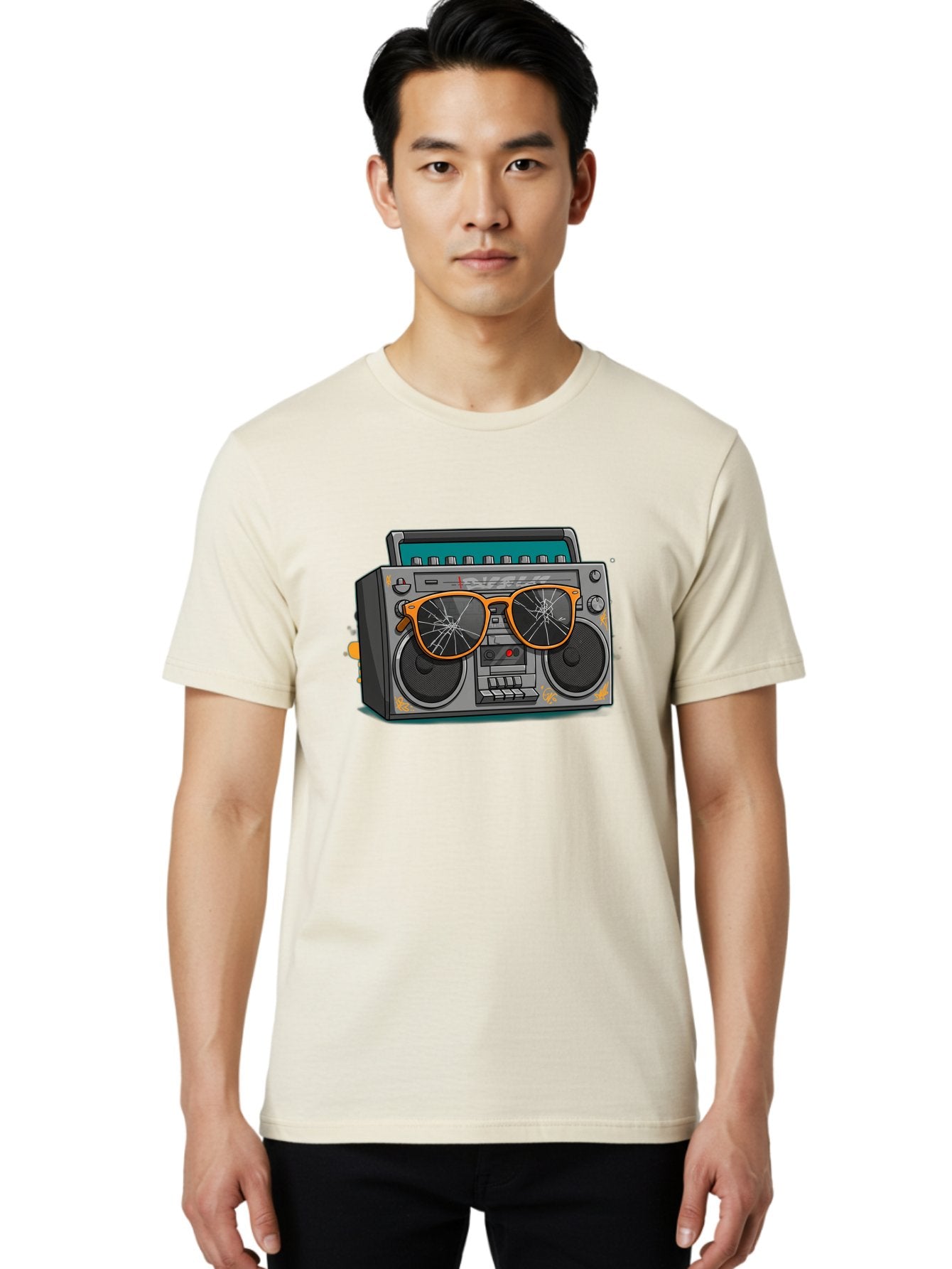 Boombox-With-Broken-Shades Men'S Graphic Tee, 100% Cotton, Comfortable Casual Summer Wear, Machine Washable, Vintage Boombox, Retro Style, Broken Sunglasses, Hip Hop Culture, Cassette Player, Audio Equipment, Old School Music, Urban Fashion, Baa195 21