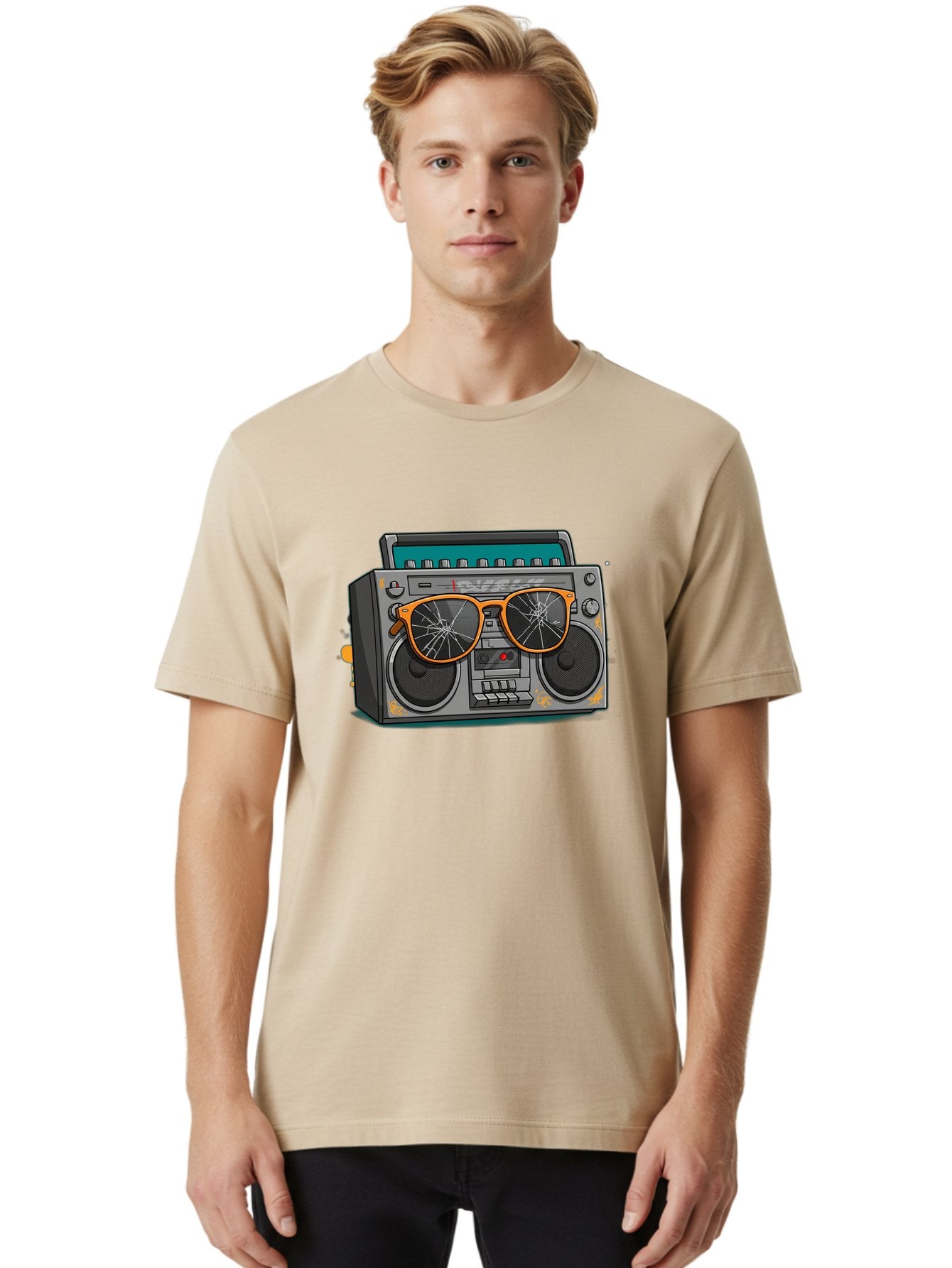 Boombox-With-Broken-Shades Men'S Graphic Tee, 100% Cotton, Comfortable Casual Summer Wear, Machine Washable, Vintage Boombox, Retro Style, Broken Sunglasses, Hip Hop Culture, Cassette Player, Audio Equipment, Old School Music, Urban Fashion, Baa195 17