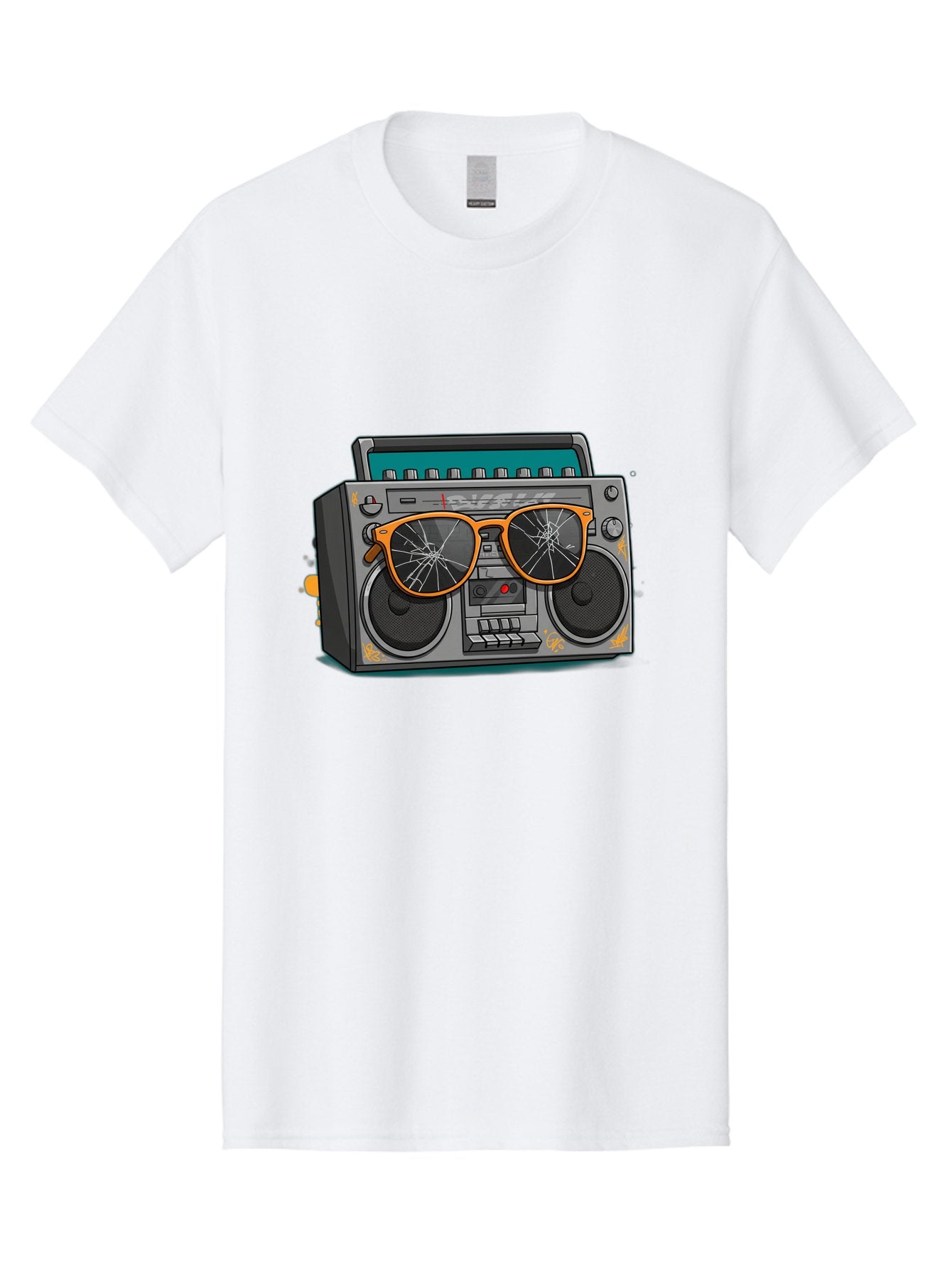 Boombox-With-Broken-Shades Men'S Graphic Tee, 100% Cotton, Comfortable Casual Summer Wear, Machine Washable, Vintage Boombox, Retro Style, Broken Sunglasses, Hip Hop Culture, Cassette Player, Audio Equipment, Old School Music, Urban Fashion, Baa195 14