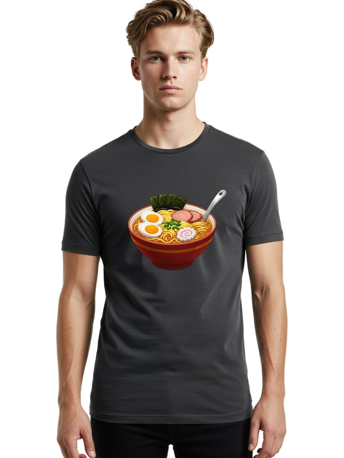 Bowl-Of-Ramen-1 Men'S Graphic Tee, 100% Cotton, Comfortable Casual Summer Wear, Machine Washable, Ramen Noodles, Japanese Cuisine, Savory Broth, Boiled Egg, Green Onions, Seaweed, Sliced Pork, Fish Cake, Silver Spoon Baa197 23