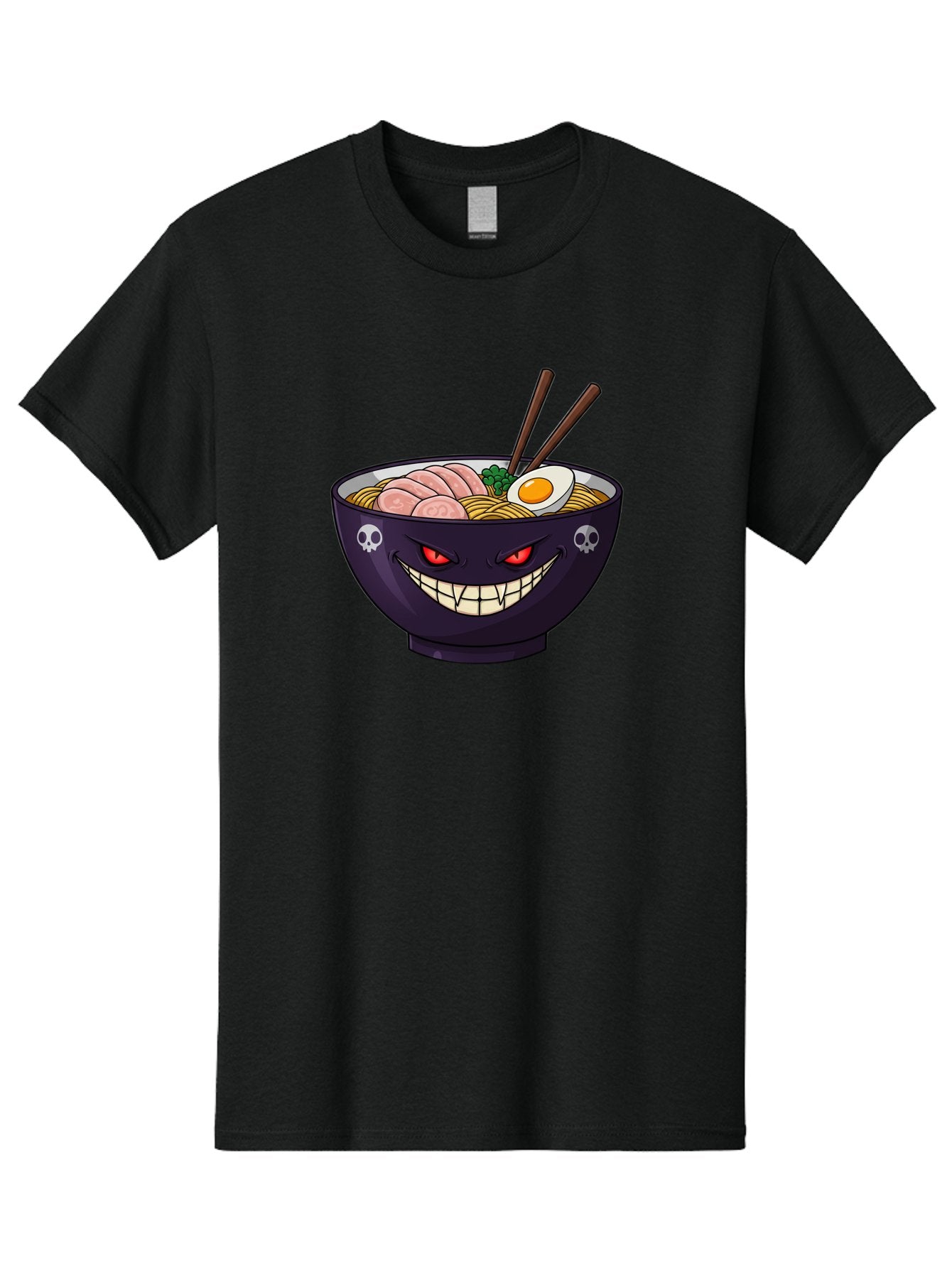 Bowl-Of-Ramen Men'S Graphic Tee, 100% Cotton, Comfortable Casual Summer Wear, Machine Washable, Gengar Character, Ramen Bowl, Cartoon, Noodles, Sliced Ham, Egg, Chopsticks, Anime Style, Pokémon, Skulls, Menacing Grin, Japanese Cuisine, Baa200 4