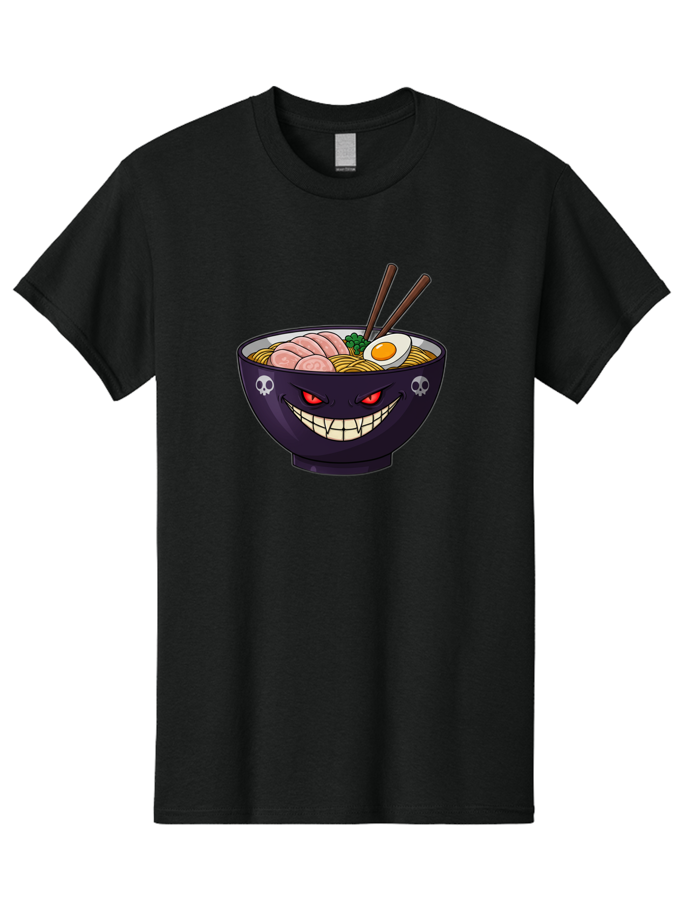 Bowl-Of-Ramen Men'S Graphic Tee, 100% Cotton, Comfortable Casual Summer Wear, Machine Washable, Gengar Character, Ramen Bowl, Cartoon, Noodles, Sliced Ham, Egg, Chopsticks, Anime Style, Pokémon, Skulls, Menacing Grin, Japanese Cuisine, Baa200 23