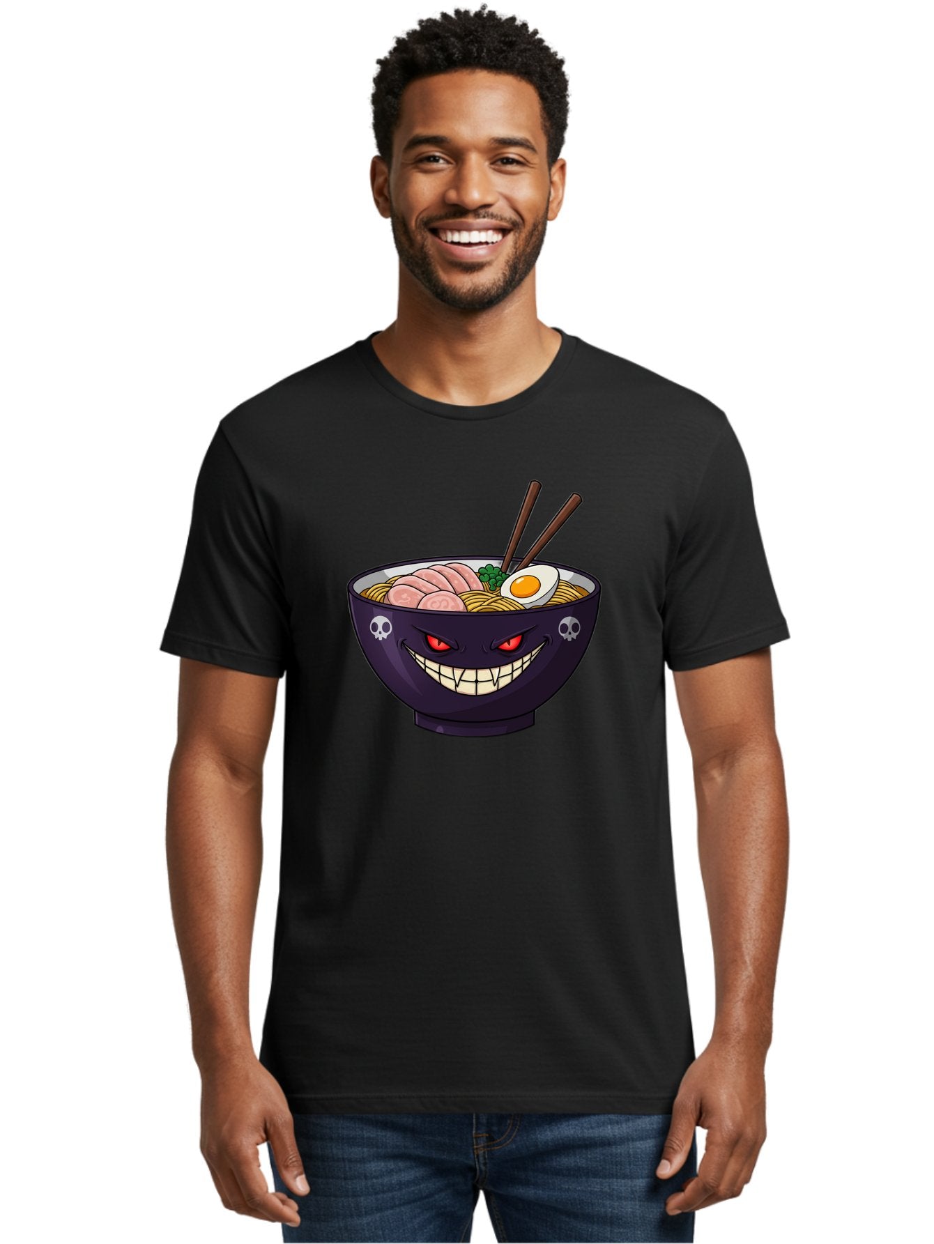 Bowl-Of-Ramen Men'S Graphic Tee, 100% Cotton, Comfortable Casual Summer Wear, Machine Washable, Gengar Character, Ramen Bowl, Cartoon, Noodles, Sliced Ham, Egg, Chopsticks, Anime Style, Pokémon, Skulls, Menacing Grin, Japanese Cuisine, Baa200 18