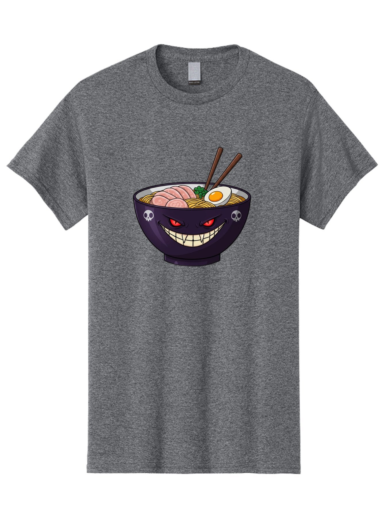 Bowl-Of-Ramen Men'S Graphic Tee, 100% Cotton, Comfortable Casual Summer Wear, Machine Washable, Gengar Character, Ramen Bowl, Cartoon, Noodles, Sliced Ham, Egg, Chopsticks, Anime Style, Pokémon, Skulls, Menacing Grin, Japanese Cuisine, Baa200
