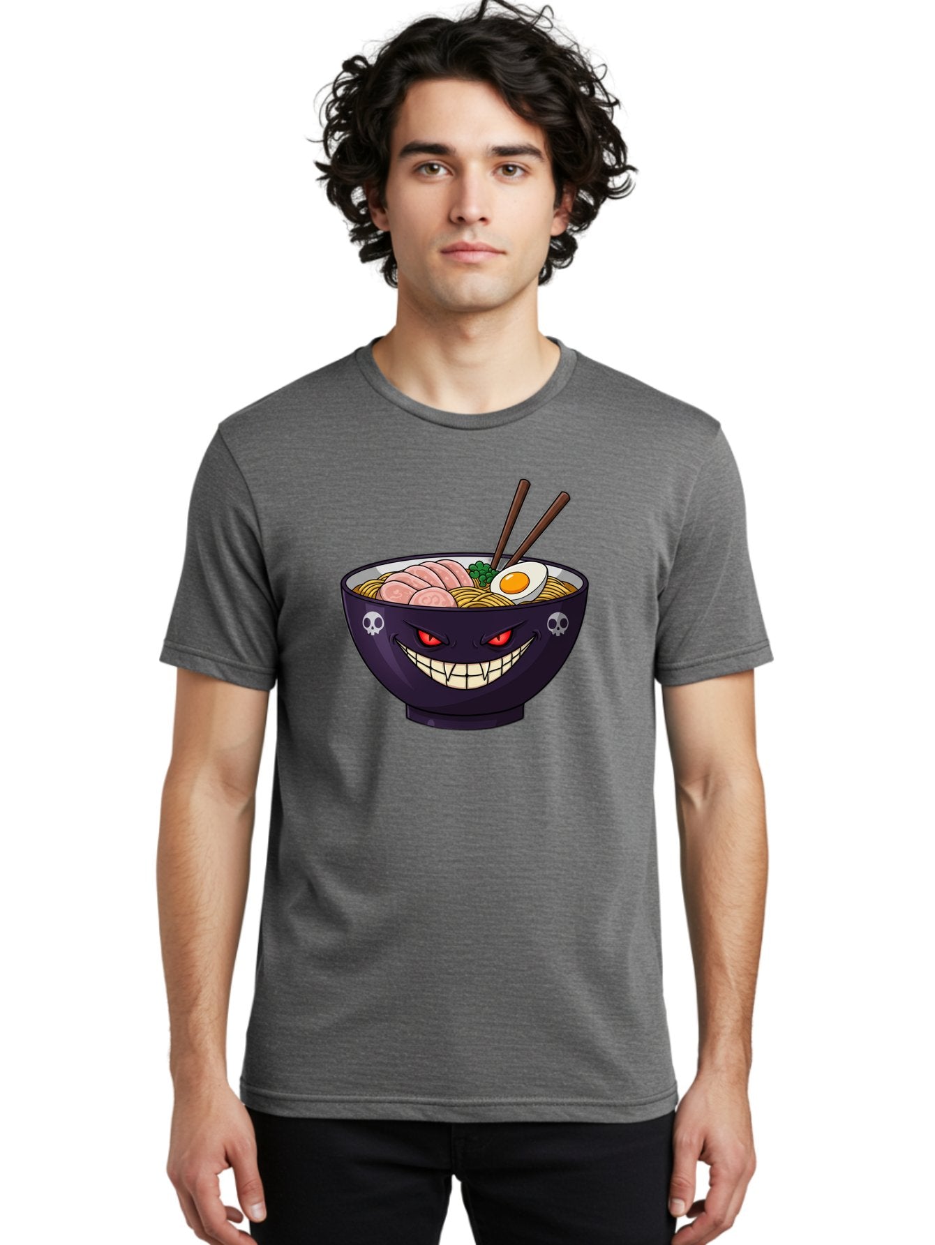 Bowl-Of-Ramen Men'S Graphic Tee, 100% Cotton, Comfortable Casual Summer Wear, Machine Washable, Gengar Character, Ramen Bowl, Cartoon, Noodles, Sliced Ham, Egg, Chopsticks, Anime Style, Pokémon, Skulls, Menacing Grin, Japanese Cuisine, Baa200 19