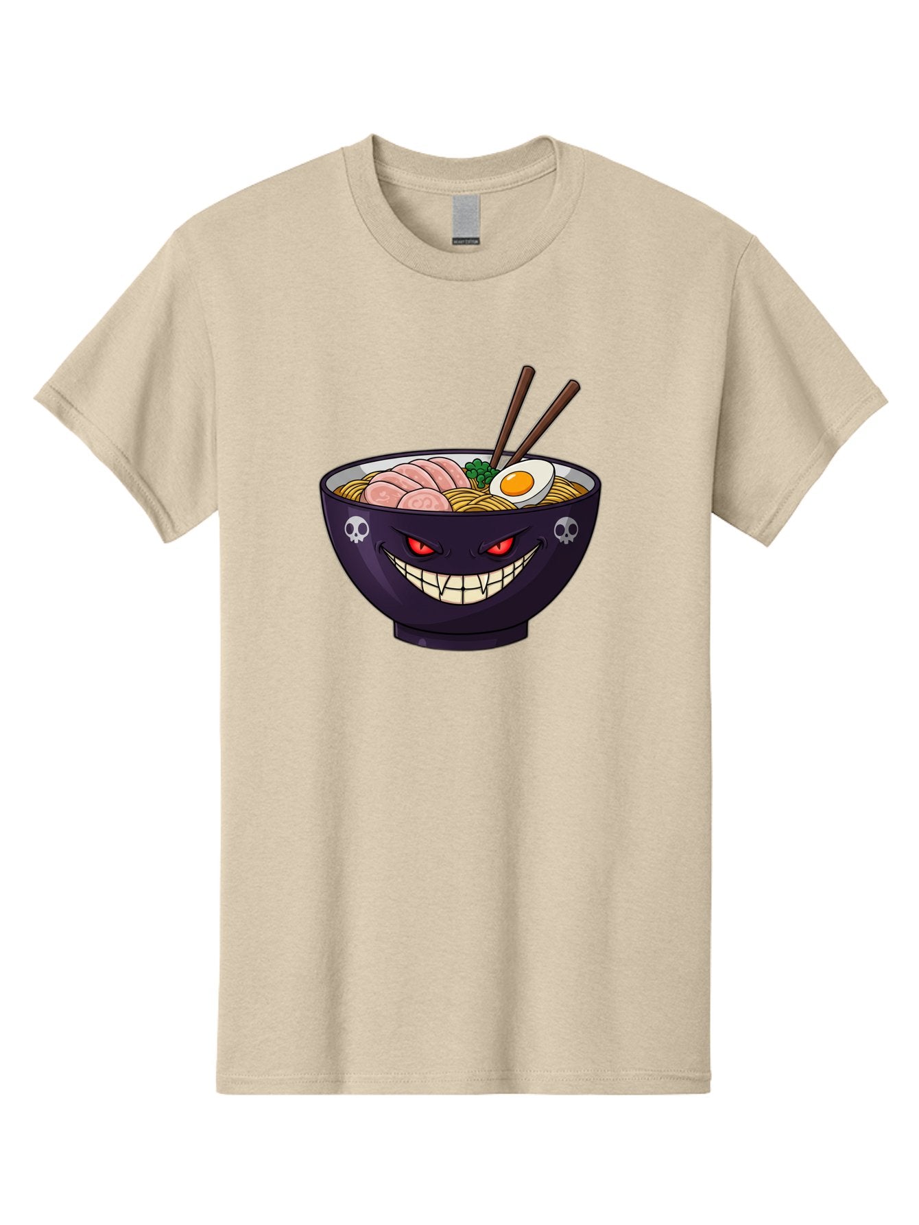 Bowl-Of-Ramen Men'S Graphic Tee, 100% Cotton, Comfortable Casual Summer Wear, Machine Washable, Gengar Character, Ramen Bowl, Cartoon, Noodles, Sliced Ham, Egg, Chopsticks, Anime Style, Pokémon, Skulls, Menacing Grin, Japanese Cuisine, Baa200 13