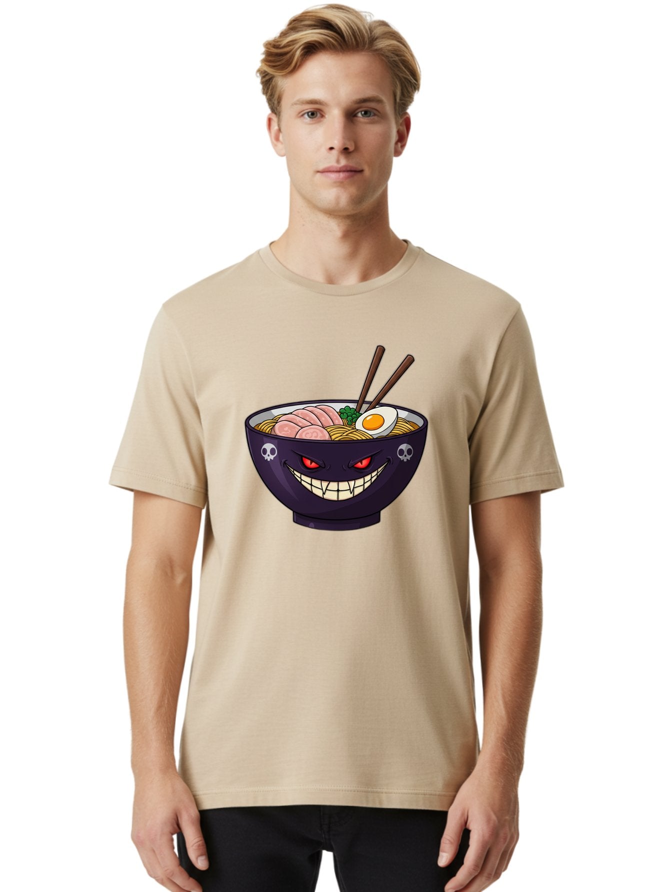 Bowl-Of-Ramen Men'S Graphic Tee, 100% Cotton, Comfortable Casual Summer Wear, Machine Washable, Gengar Character, Ramen Bowl, Cartoon, Noodles, Sliced Ham, Egg, Chopsticks, Anime Style, Pokémon, Skulls, Menacing Grin, Japanese Cuisine, Baa200 20