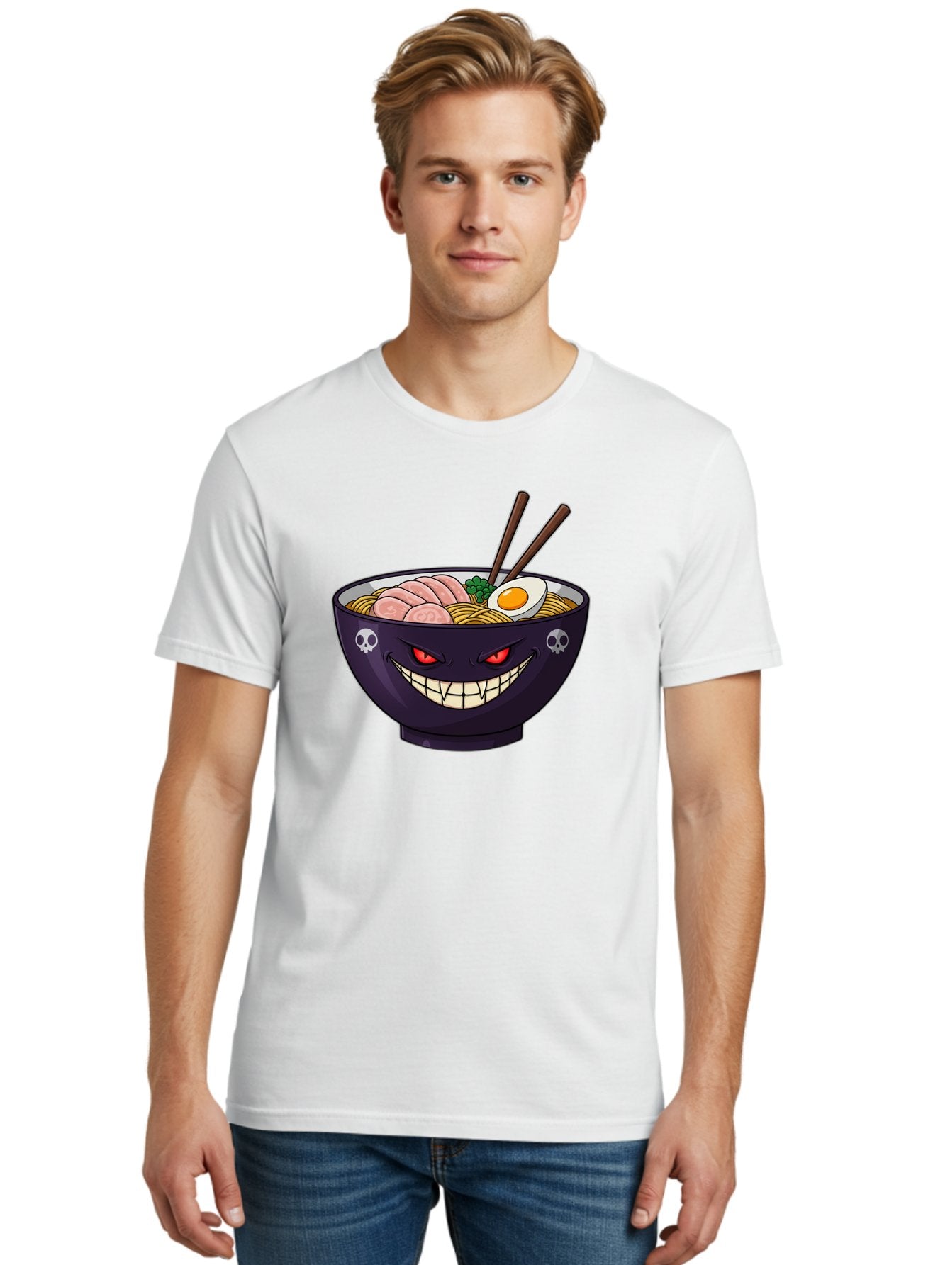 Bowl-Of-Ramen Men'S Graphic Tee, 100% Cotton, Comfortable Casual Summer Wear, Machine Washable, Gengar Character, Ramen Bowl, Cartoon, Noodles, Sliced Ham, Egg, Chopsticks, Anime Style, Pokémon, Skulls, Menacing Grin, Japanese Cuisine, Baa200 29