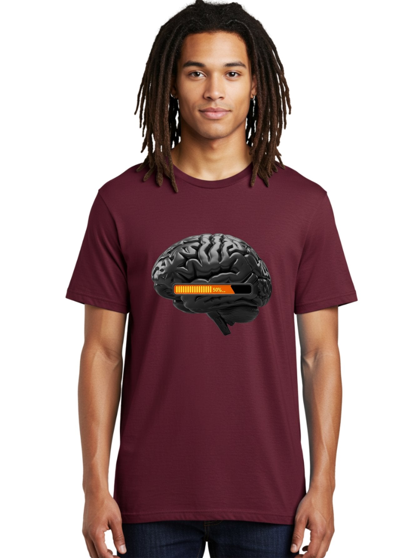 Brain-50 Men'S Graphic Tee, 100% Cotton, Comfortable Casual Summer Wear, Machine Washable, Human Brain, 50% Charged, Battery Icon, Progress Bar, Cognitive Function, Mental Capacity, Intelligence, Knowledge Baa202 30
