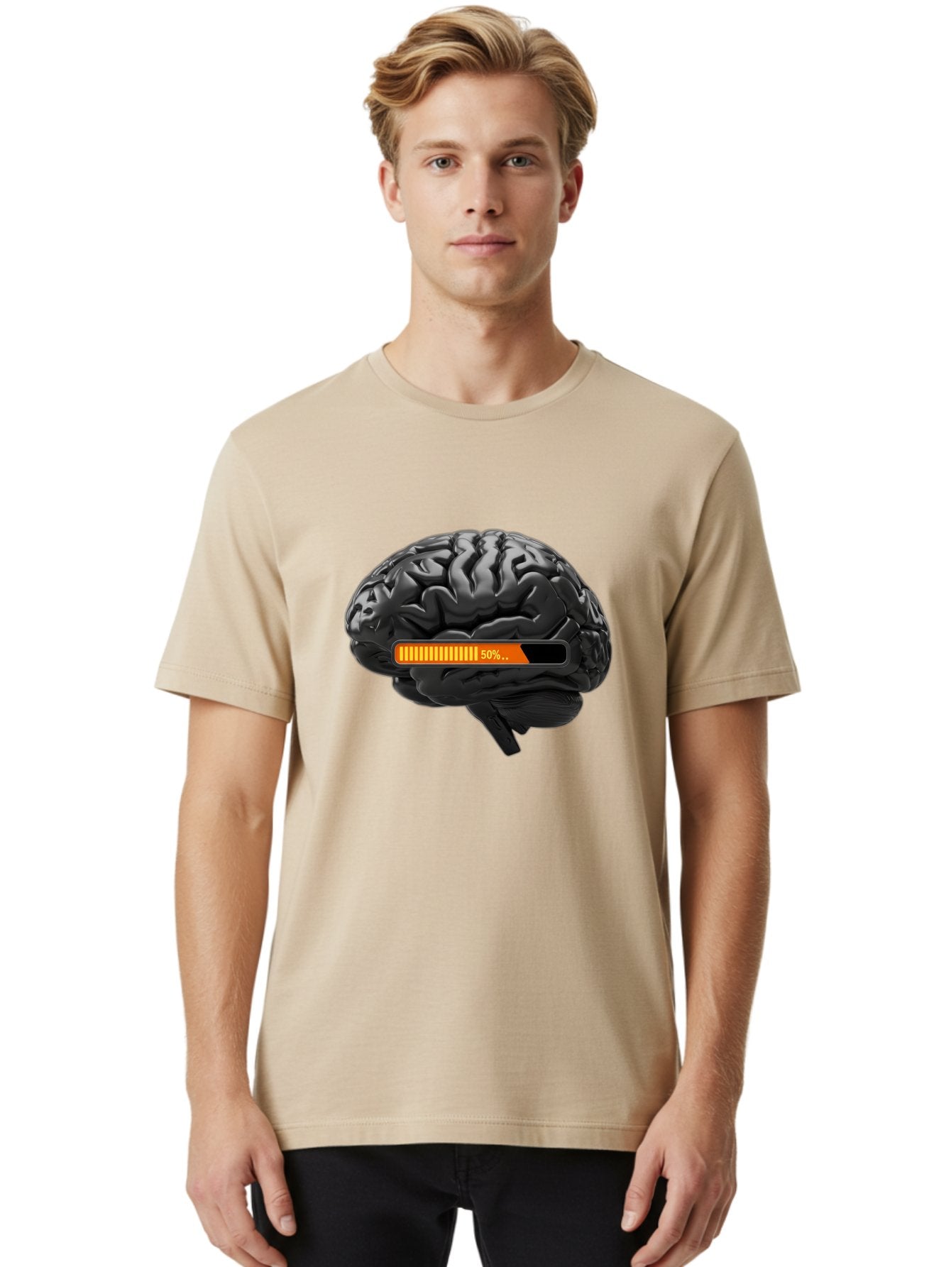 Brain-50 Men'S Graphic Tee, 100% Cotton, Comfortable Casual Summer Wear, Machine Washable, Human Brain, 50% Charged, Battery Icon, Progress Bar, Cognitive Function, Mental Capacity, Intelligence, Knowledge Baa202 20