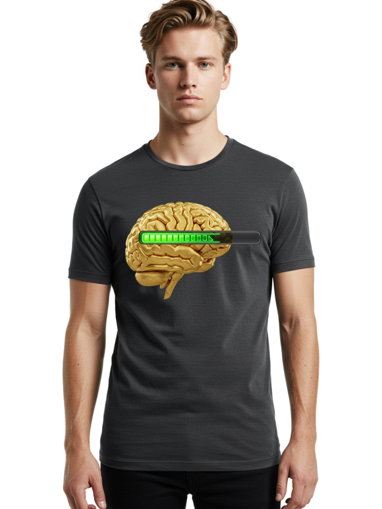 Brain-Battery Men'S Graphic Tee, 100% Cotton, Comfortable Casual Summer Wear, Machine Washable, Human Brain, Charging Battery, Digital Illustration, Green Battery Bar, Cognitive Enhancement, Brain Power, Neuroscience, Futuristic Concept, Baa204 24