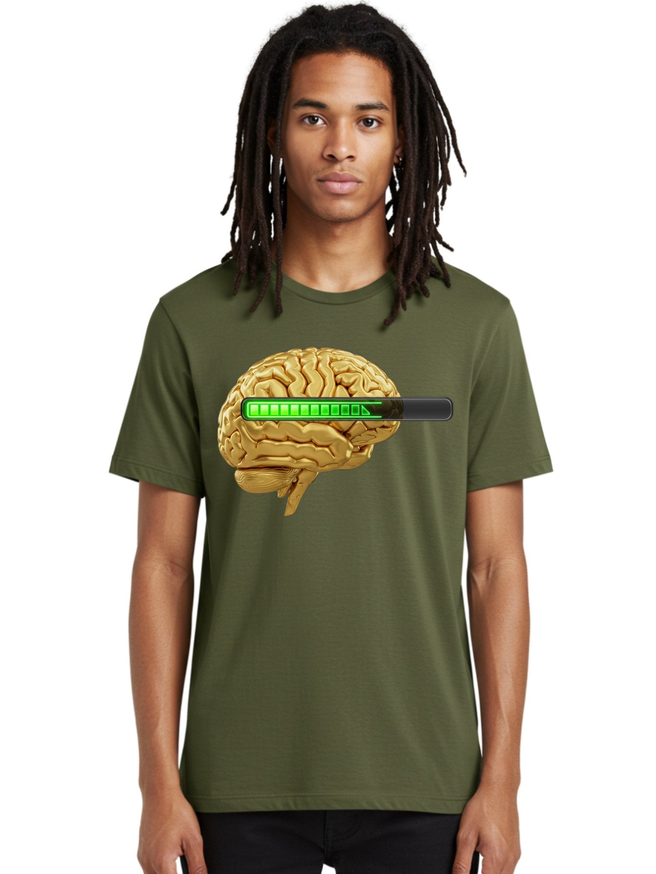 Brain-Battery Men'S Graphic Tee, 100% Cotton, Comfortable Casual Summer Wear, Machine Washable, Human Brain, Charging Battery, Digital Illustration, Green Battery Bar, Cognitive Enhancement, Brain Power, Neuroscience, Futuristic Concept, Baa204 19