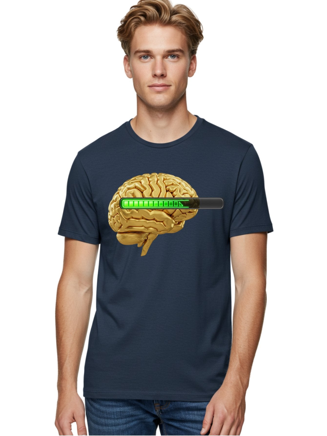 Brain-Battery Men'S Graphic Tee, 100% Cotton, Comfortable Casual Summer Wear, Machine Washable, Human Brain, Charging Battery, Digital Illustration, Green Battery Bar, Cognitive Enhancement, Brain Power, Neuroscience, Futuristic Concept, Baa204 25