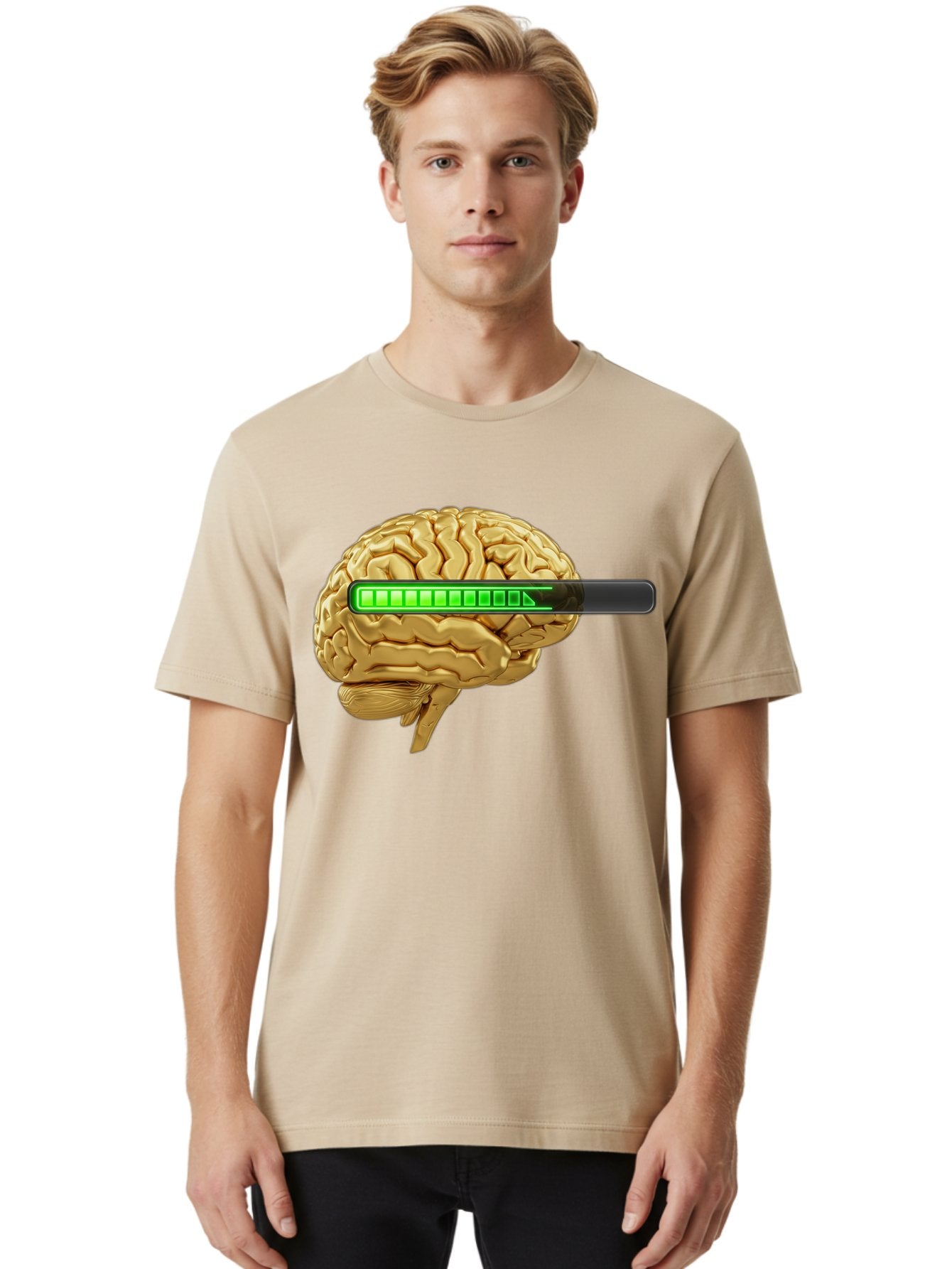 Brain-Battery Men'S Graphic Tee, 100% Cotton, Comfortable Casual Summer Wear, Machine Washable, Human Brain, Charging Battery, Digital Illustration, Green Battery Bar, Cognitive Enhancement, Brain Power, Neuroscience, Futuristic Concept, Baa204 21