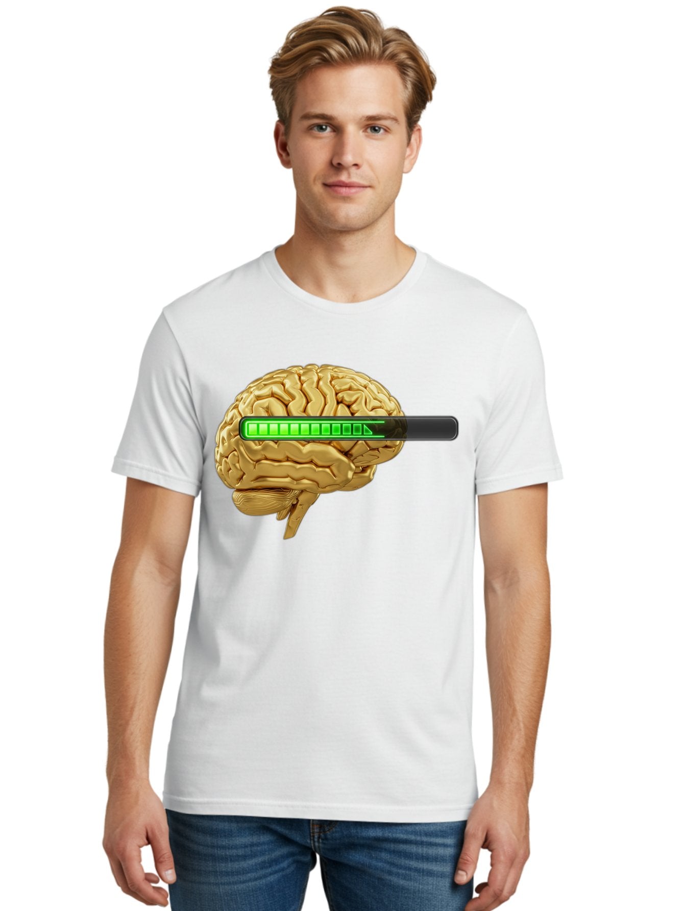 Brain-Battery Men'S Graphic Tee, 100% Cotton, Comfortable Casual Summer Wear, Machine Washable, Human Brain, Charging Battery, Digital Illustration, Green Battery Bar, Cognitive Enhancement, Brain Power, Neuroscience, Futuristic Concept, Baa204 28