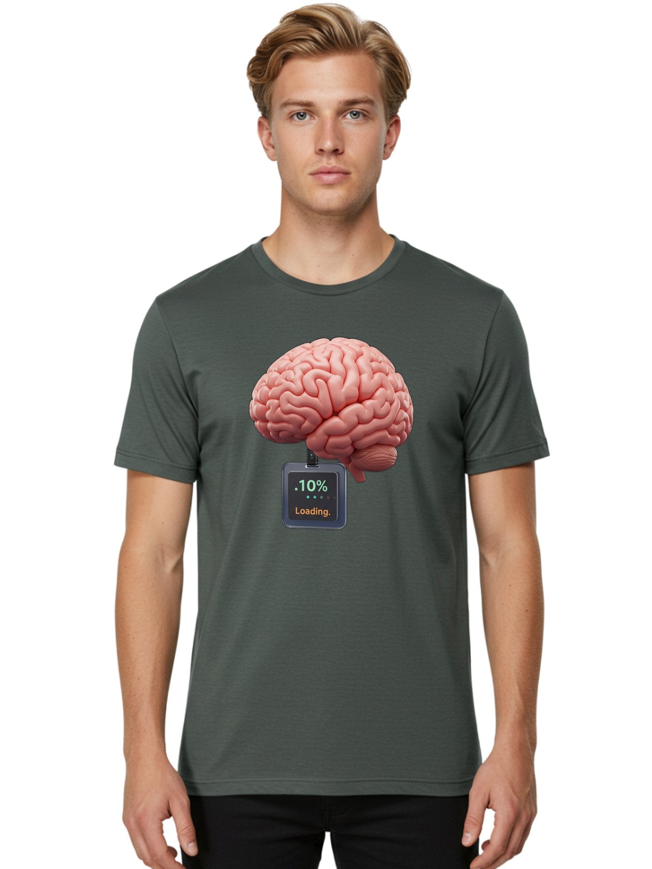 Brain-Charging Men'S Graphic Tee, 100% Cotton, Comfortable Casual Summer Wear, Machine Washable, Human Brain, Digital Loading, 10 Percent, Cognitive Function, Mental Processing, Progress Bar, Brain Power, Neural Activity Baa206 20