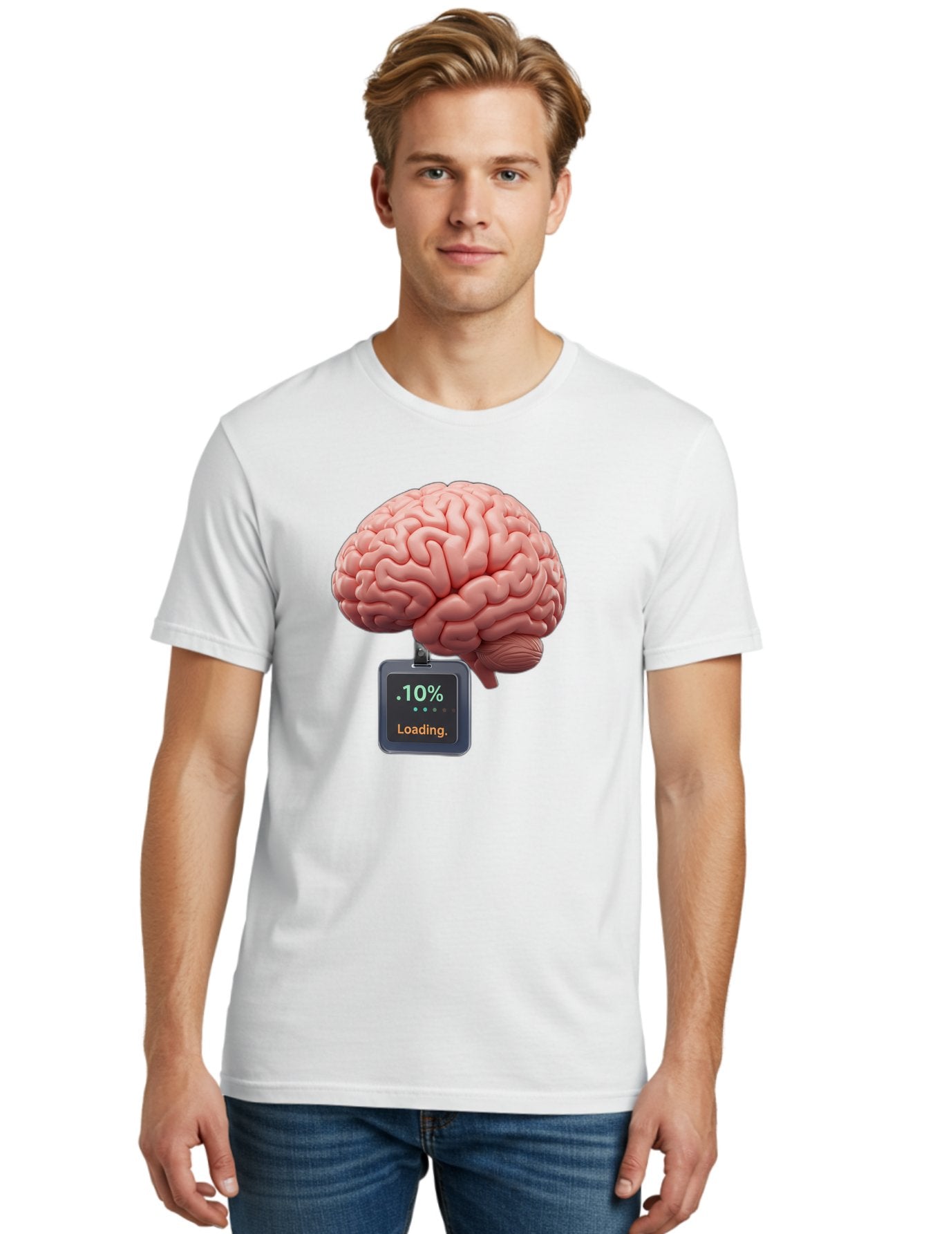 Brain-Charging Men'S Graphic Tee, 100% Cotton, Comfortable Casual Summer Wear, Machine Washable, Human Brain, Digital Loading, 10 Percent, Cognitive Function, Mental Processing, Progress Bar, Brain Power, Neural Activity Baa206 26
