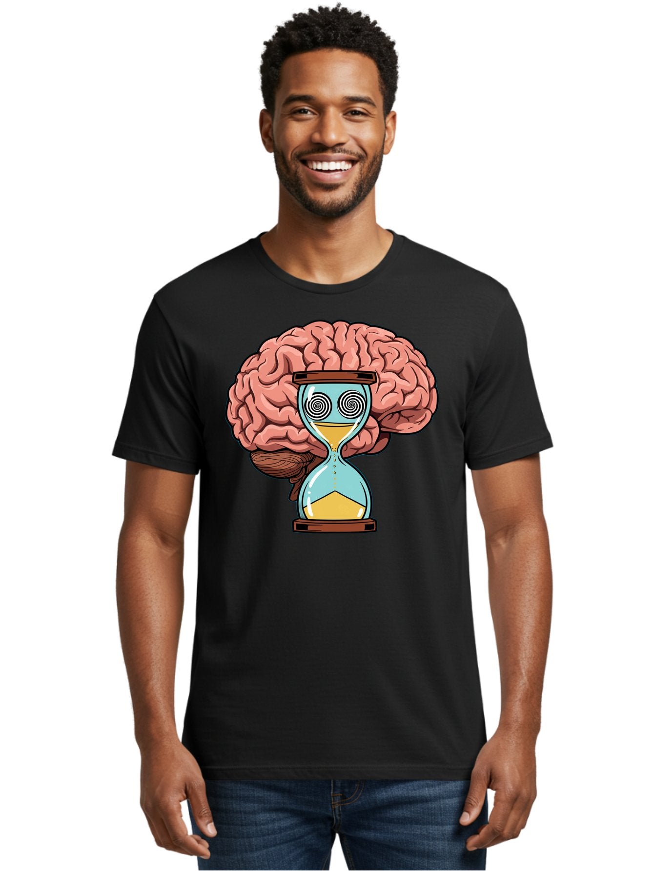 Brain-Hourglass Men'S Graphic Tee, 100% Cotton, Comfortable Casual Summer Wear, Machine Washable, Hourglass With Brain, Time Management, Productivity, Cognitive Function, Mental Clarity, Spiral Eyes, Sand Timer, Creative Thinking Baa208 26