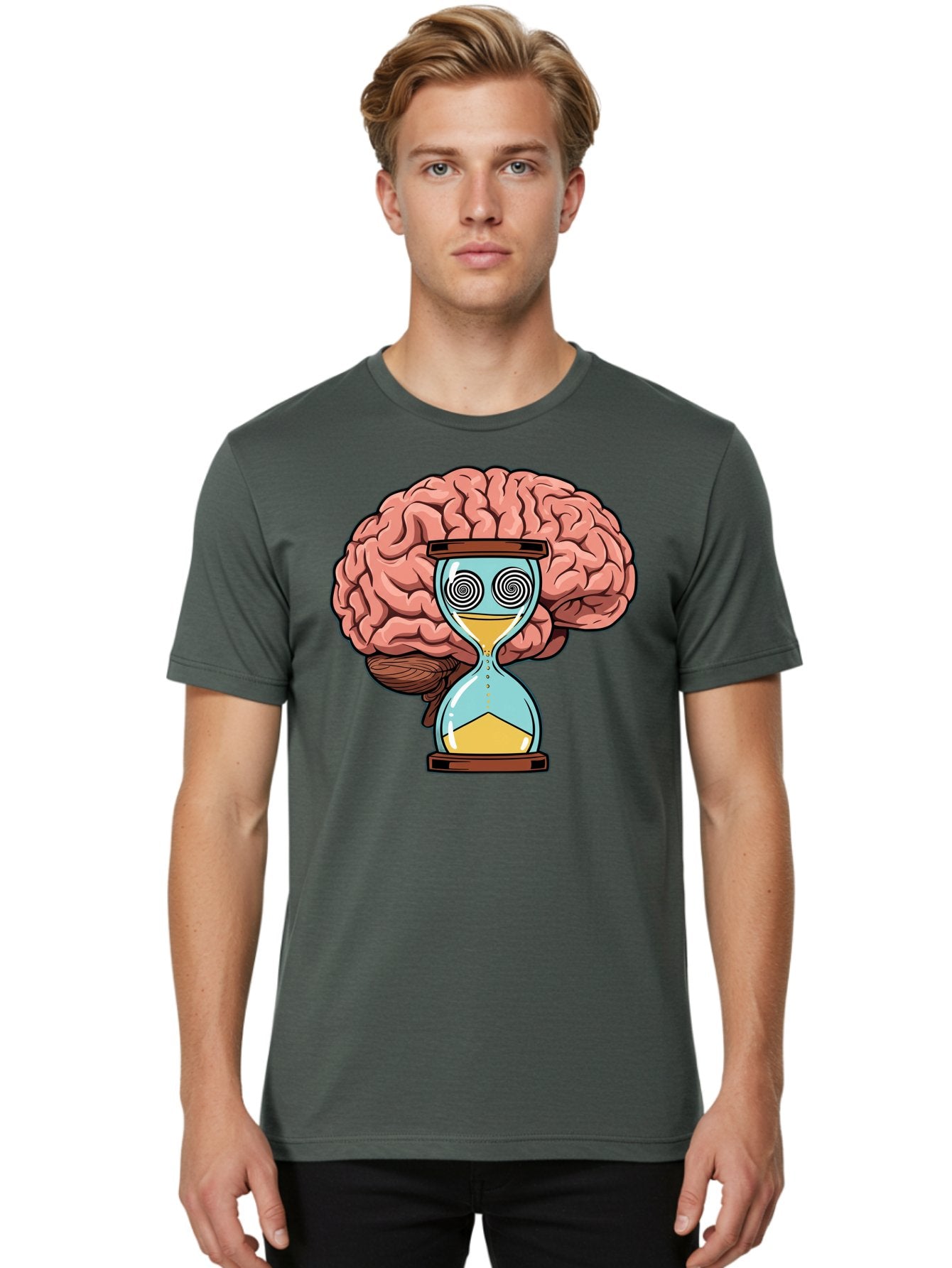 Brain-Hourglass Men'S Graphic Tee, 100% Cotton, Comfortable Casual Summer Wear, Machine Washable, Hourglass With Brain, Time Management, Productivity, Cognitive Function, Mental Clarity, Spiral Eyes, Sand Timer, Creative Thinking Baa208 27