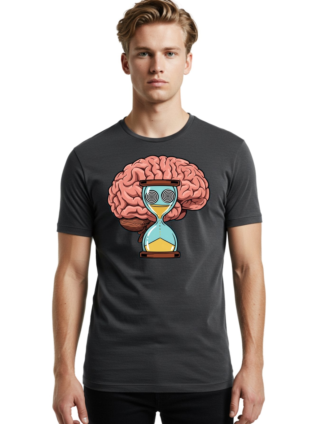 Brain-Hourglass Men'S Graphic Tee, 100% Cotton, Comfortable Casual Summer Wear, Machine Washable, Hourglass With Brain, Time Management, Productivity, Cognitive Function, Mental Clarity, Spiral Eyes, Sand Timer, Creative Thinking Baa208 18