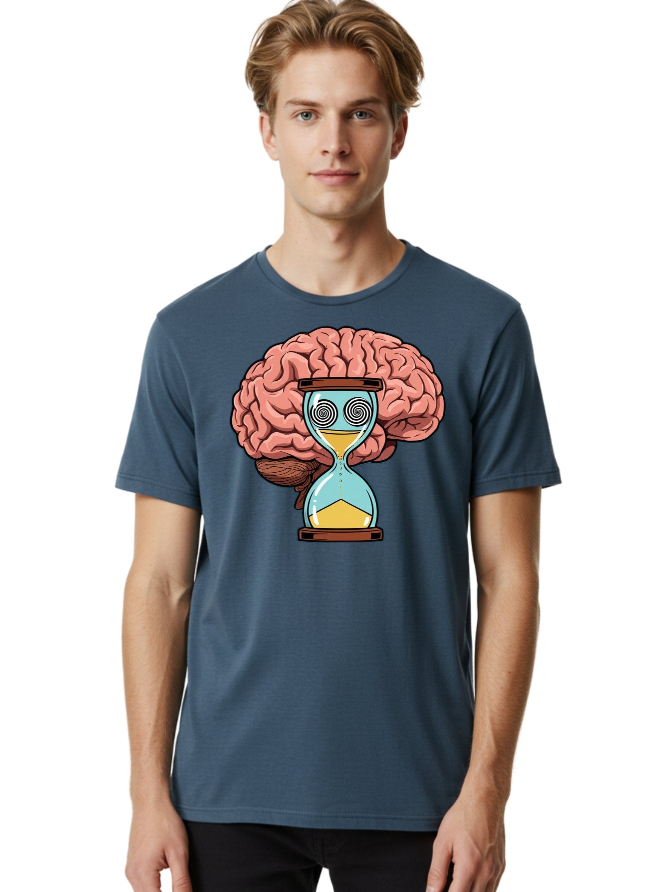 Brain-Hourglass Men'S Graphic Tee, 100% Cotton, Comfortable Casual Summer Wear, Machine Washable, Hourglass With Brain, Time Management, Productivity, Cognitive Function, Mental Clarity, Spiral Eyes, Sand Timer, Creative Thinking Baa208 24