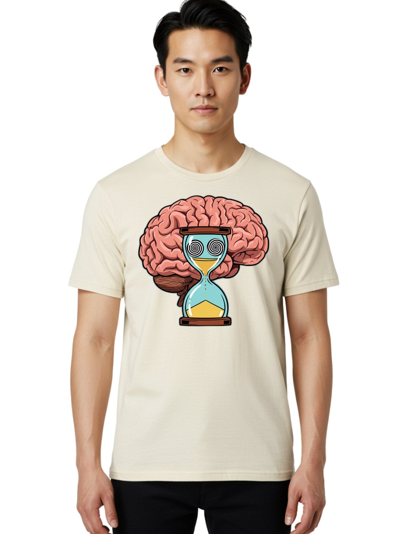 Brain-Hourglass Men'S Graphic Tee, 100% Cotton, Comfortable Casual Summer Wear, Machine Washable, Hourglass With Brain, Time Management, Productivity, Cognitive Function, Mental Clarity, Spiral Eyes, Sand Timer, Creative Thinking Baa208 21