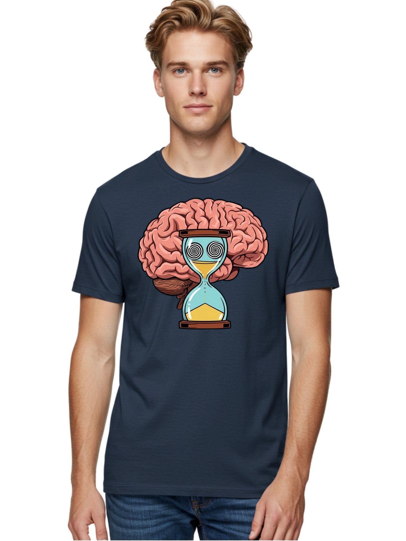 Brain-Hourglass Men'S Graphic Tee, 100% Cotton, Comfortable Casual Summer Wear, Machine Washable, Hourglass With Brain, Time Management, Productivity, Cognitive Function, Mental Clarity, Spiral Eyes, Sand Timer, Creative Thinking Baa208 25