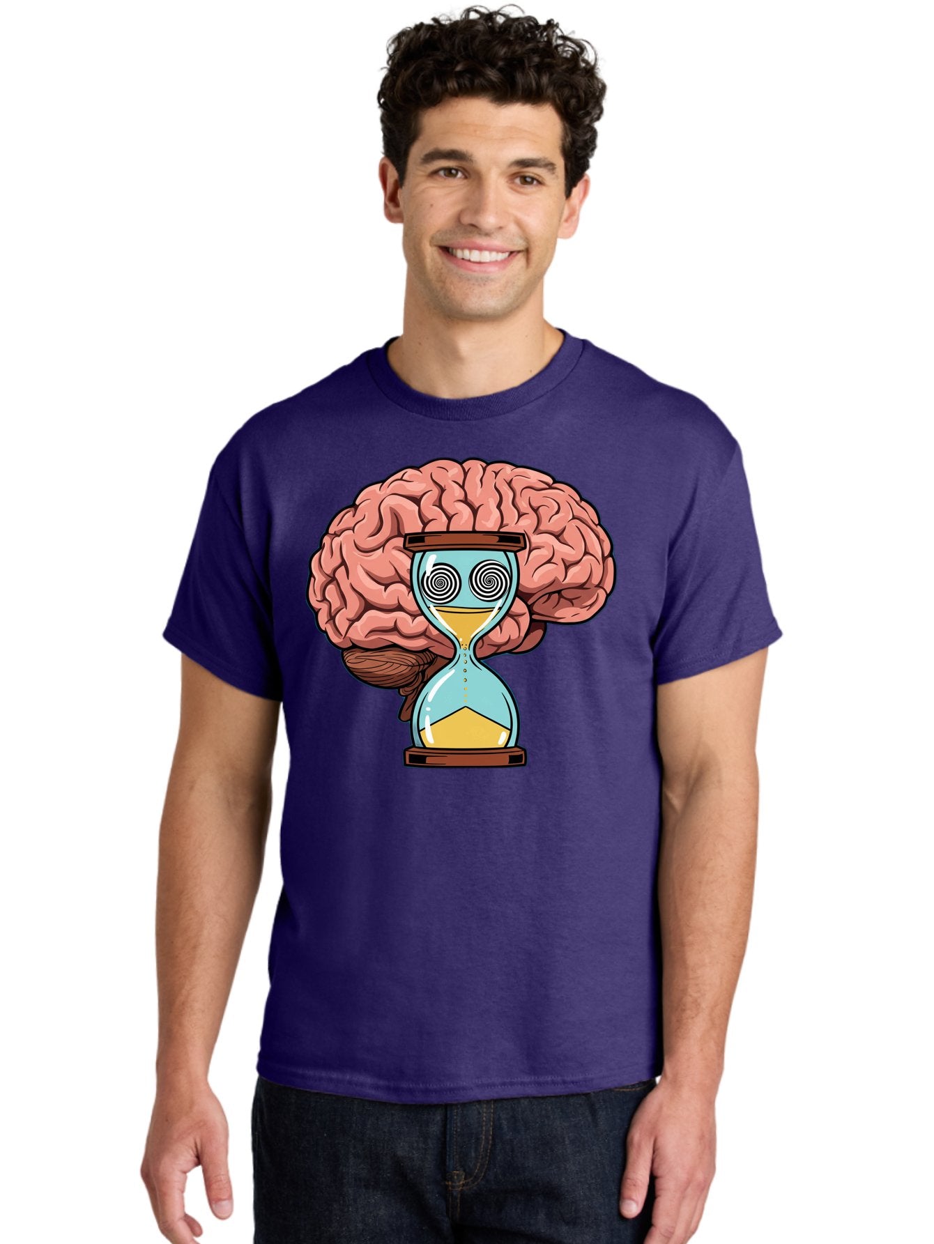 Brain-Hourglass Men'S Graphic Tee, 100% Cotton, Comfortable Casual Summer Wear, Machine Washable, Hourglass With Brain, Time Management, Productivity, Cognitive Function, Mental Clarity, Spiral Eyes, Sand Timer, Creative Thinking Baa208 30