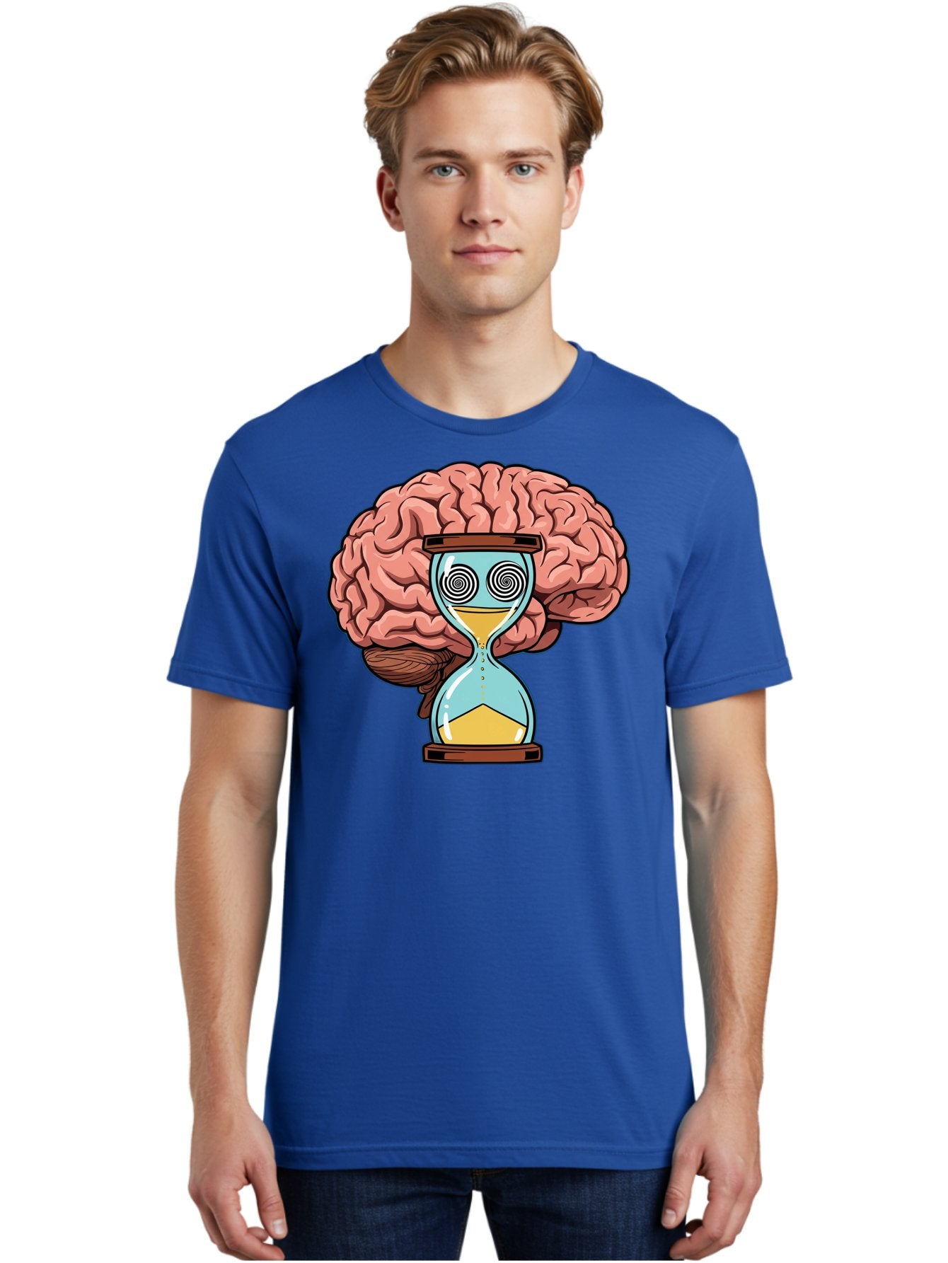 Brain-Hourglass Men'S Graphic Tee, 100% Cotton, Comfortable Casual Summer Wear, Machine Washable, Hourglass With Brain, Time Management, Productivity, Cognitive Function, Mental Clarity, Spiral Eyes, Sand Timer, Creative Thinking Baa208 20