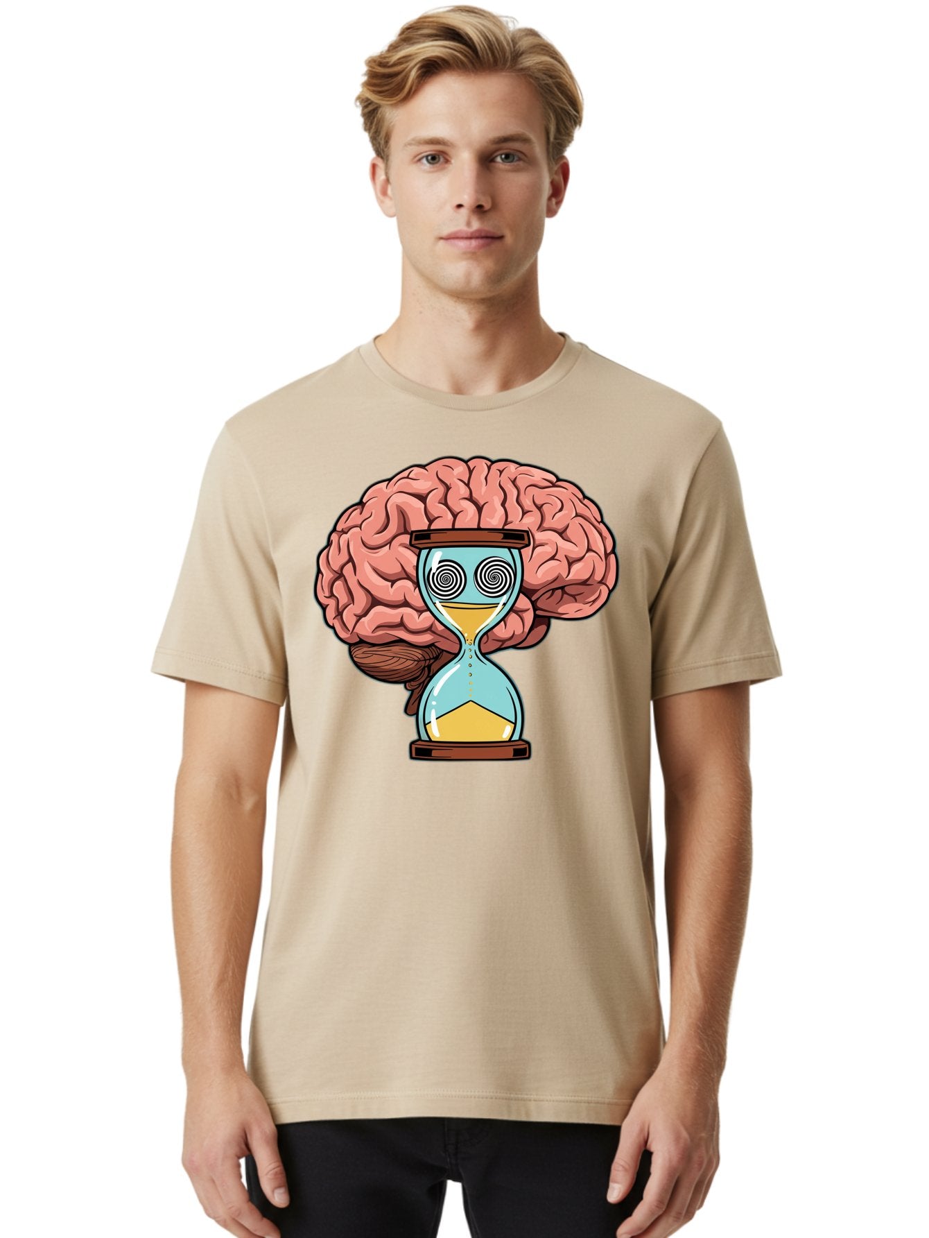 Brain-Hourglass Men'S Graphic Tee, 100% Cotton, Comfortable Casual Summer Wear, Machine Washable, Hourglass With Brain, Time Management, Productivity, Cognitive Function, Mental Clarity, Spiral Eyes, Sand Timer, Creative Thinking Baa208 29