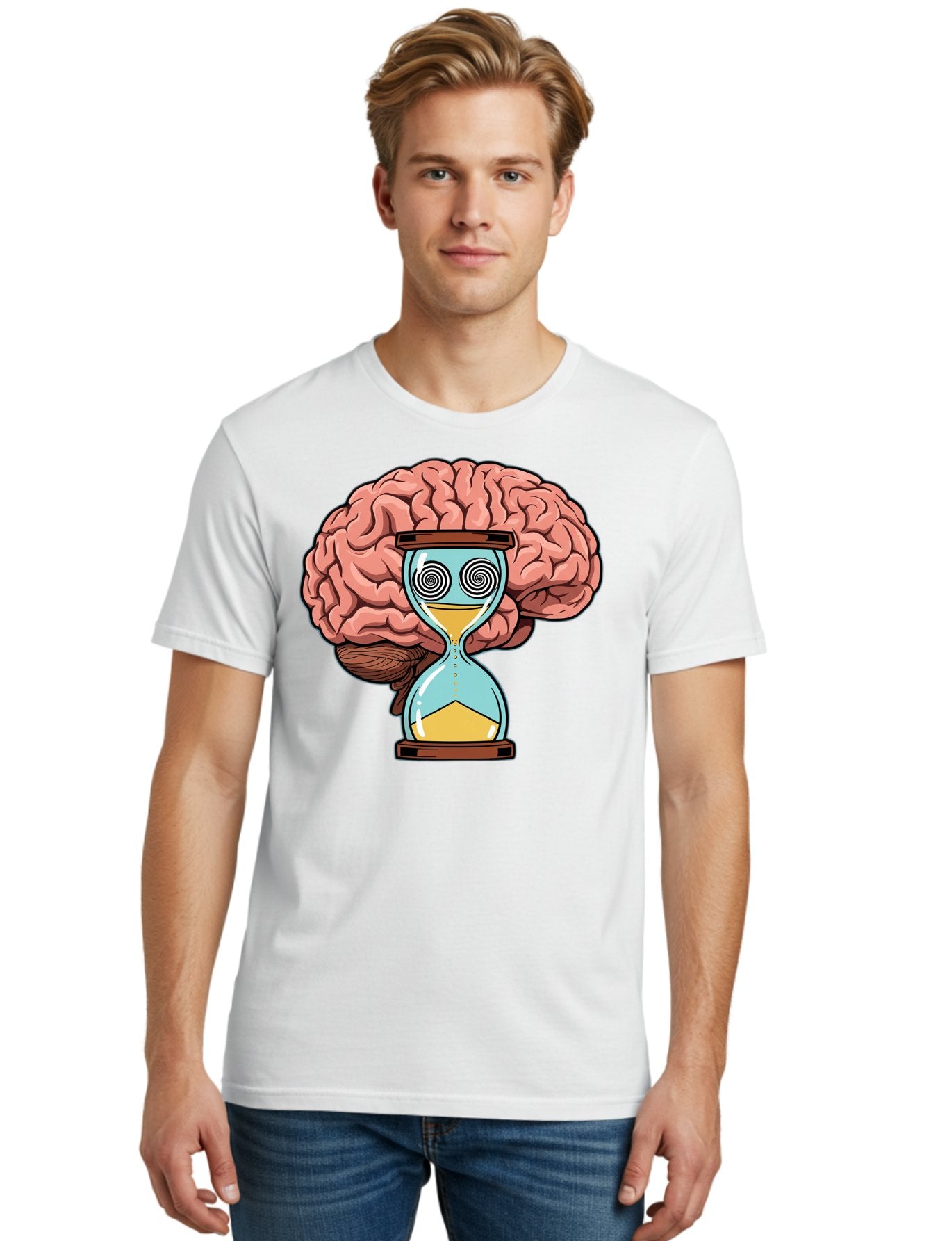 Brain-Hourglass Men'S Graphic Tee, 100% Cotton, Comfortable Casual Summer Wear, Machine Washable, Hourglass With Brain, Time Management, Productivity, Cognitive Function, Mental Clarity, Spiral Eyes, Sand Timer, Creative Thinking Baa208 22