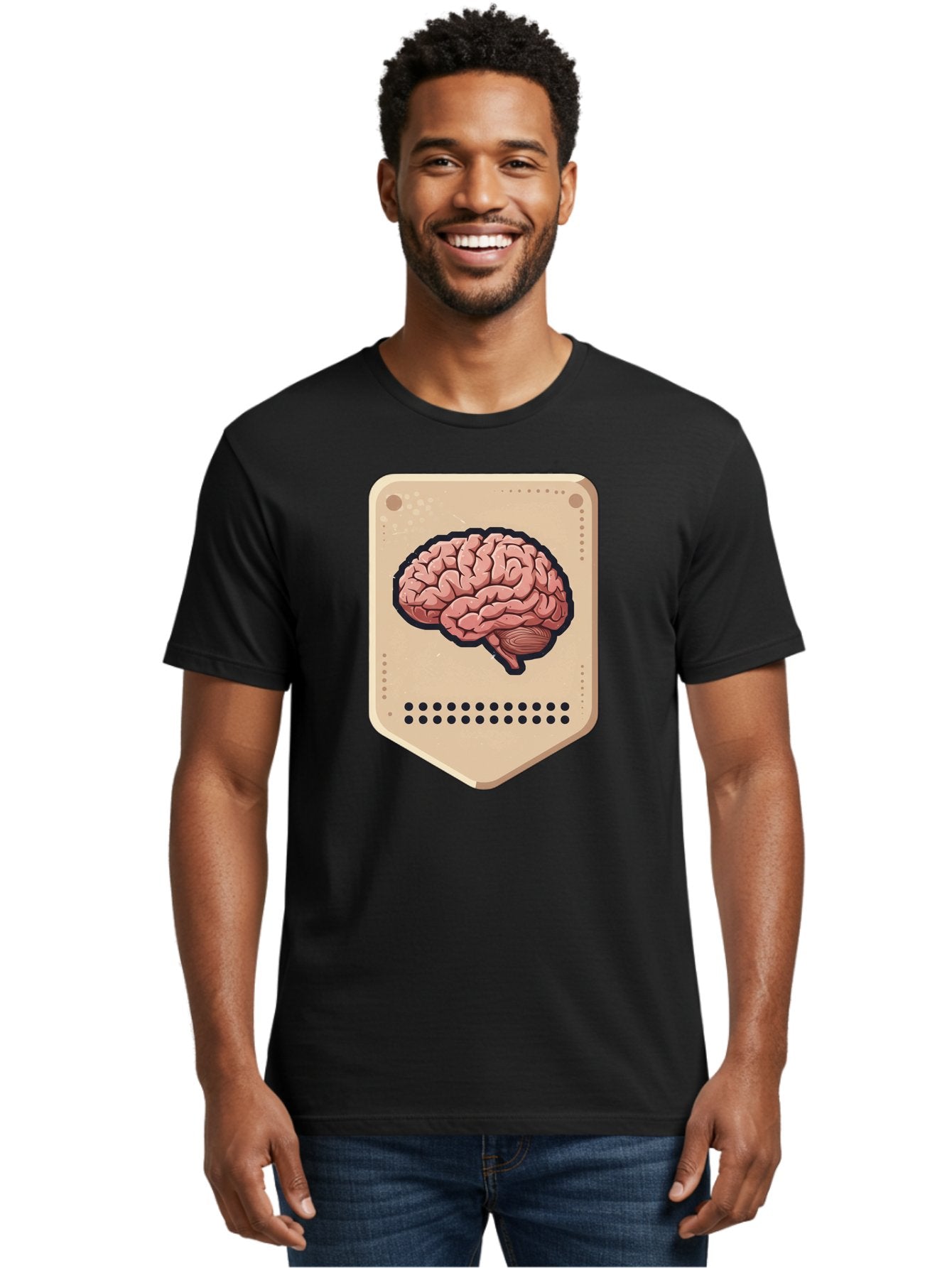 Brain-Icon-1 Men'S Graphic Tee, 100% Cotton, Comfortable Casual Summer Wear, Machine Washable, Human Brain Illustration, Pinkish-Red Brain, Black Outline, Beige Background, Perforated Edge, Small Holes, Brain Anatomy, Cognitive Function, Baa209 26